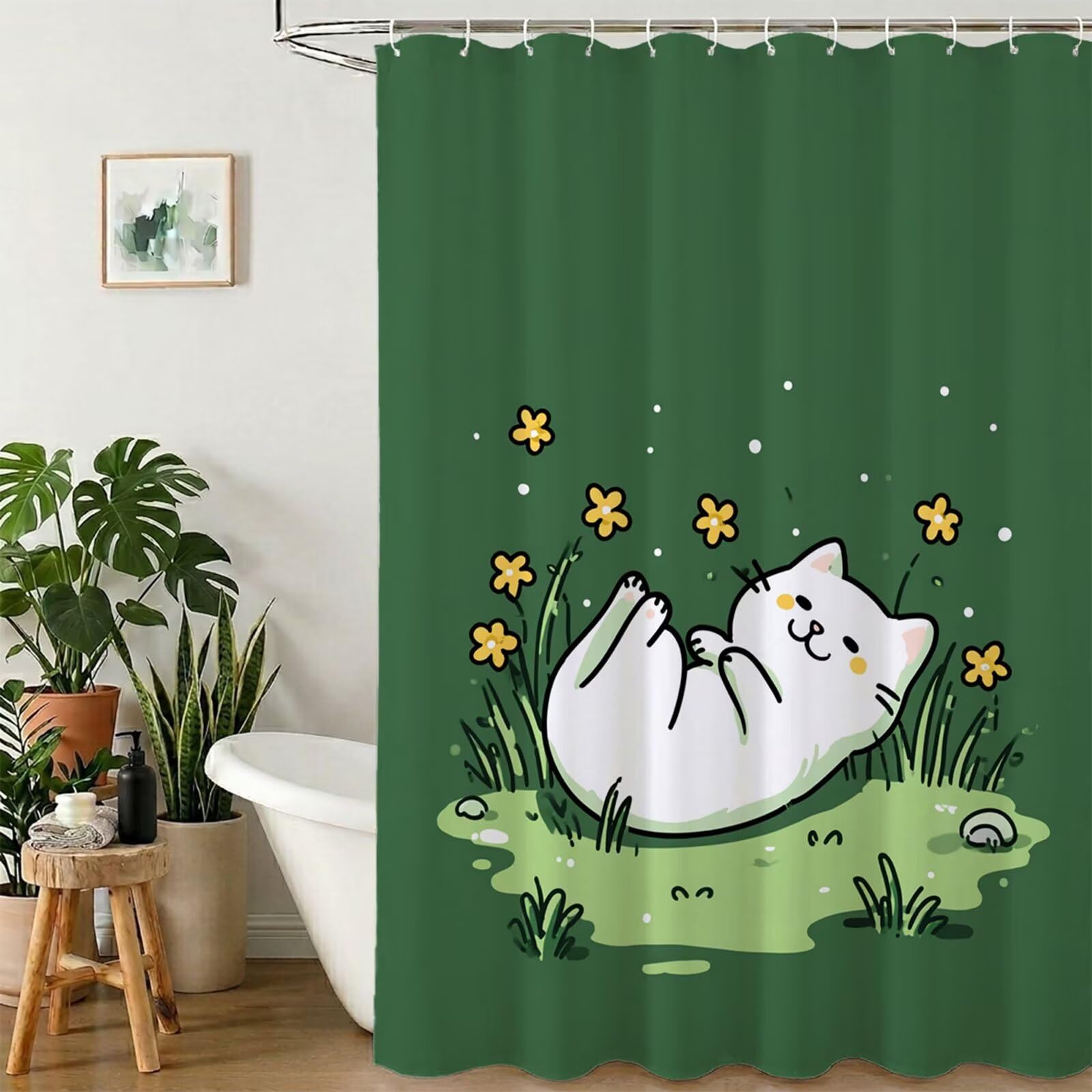 Rideau de douche chat vert 120x180 pour une salle de bain nature et amusante