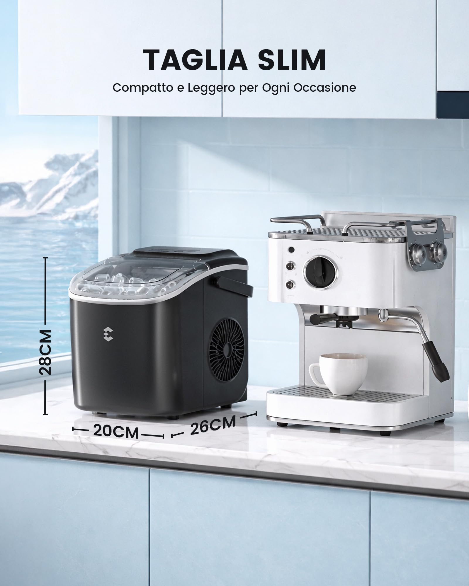 EASYERA Macchina Ghiaccio, Portatile e Compatta, 12KG/ 24 ore, Cubetti di Ghiaccio in 6 Min, 2 Dimensioni di Ghiaccio, Macchina del Ghiaccio Autopulente, Ice Maker Portatile per Casa/Festa/Cucina/Bar