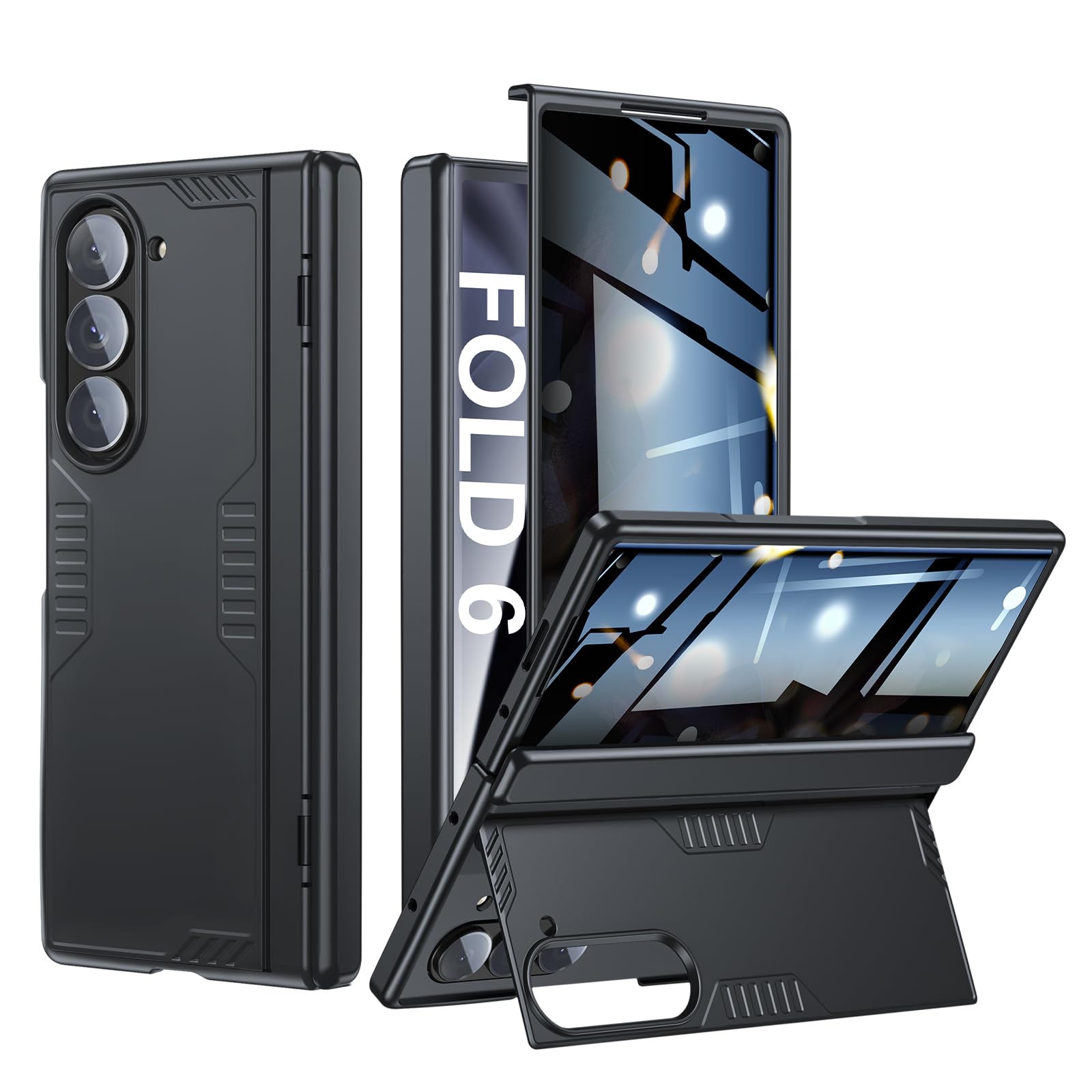 Kaiiecal for Samsung Galaxy Z-Fold-6 Case: [Hidden Kickstand][Wireless Charging] Slim Hinge Lightweight Stand Case with Screen Protector (Back, Fold6