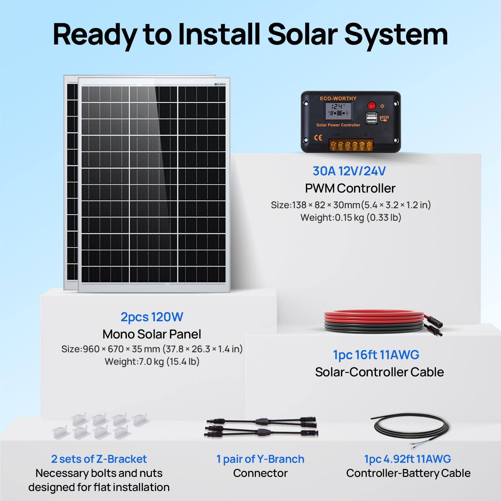 ECO-WORTHY Kit pannello solare da 240 W 12 V 1 kWh/giorno fuori rete per camper, auto, barca, riparo da campeggio: 2 pannelli mono 120 W + regolatore PWM 30 A