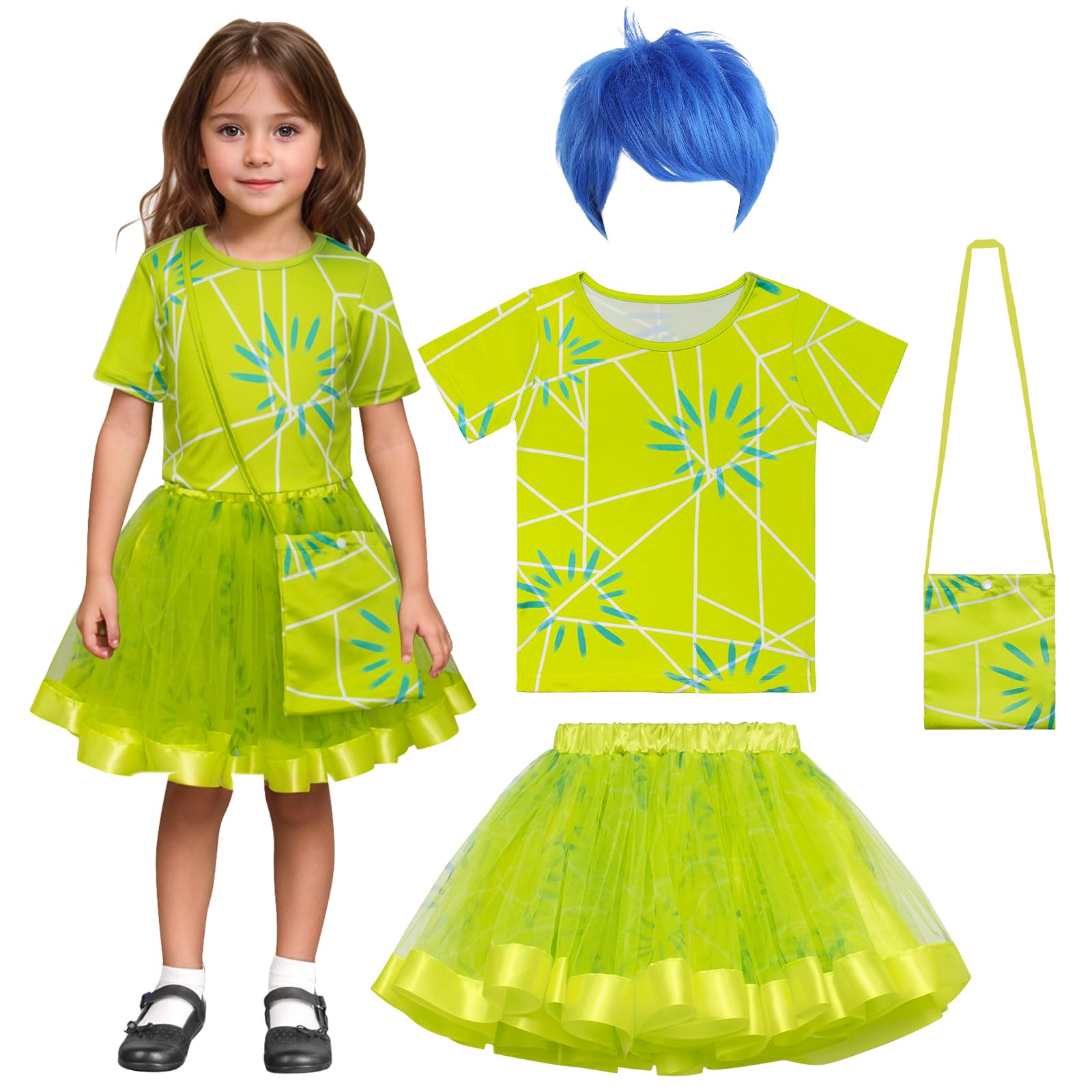 ADREIT Kids Disgust Costume Joy Costume Rainbow Tutu Dress Set for Girls Movie Cosplay Halloween Outfits with Wig