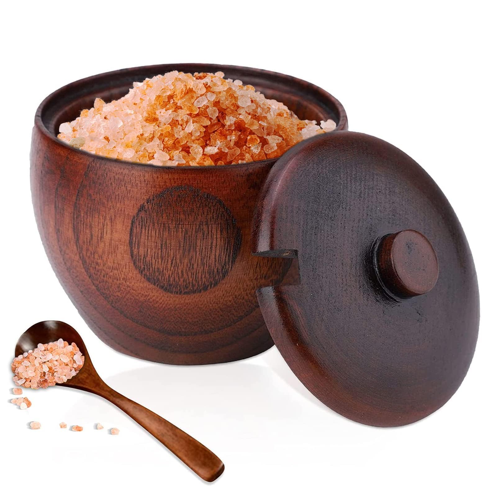 HERCHR Wood Spice Jar, Wood Salt Box with Lid and Spoon, Salt Cellar Sugar Bowl Pepper Seasoning Container Holder Spice Box Kitchen Tool 3.2x3.5inch for Kitchen, Serving, Condiment