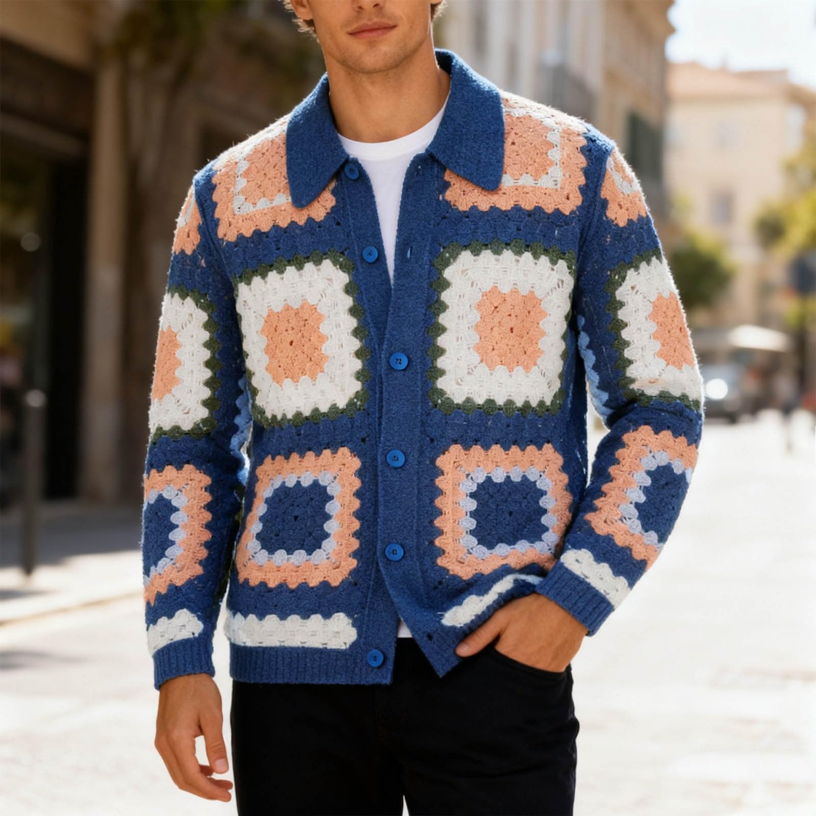 Cardigan Hombre Botones, Chaqueta De Lana Hombre Manga Larga con Un Solo Botonadura con Bolsillo Abrigo Color Sólido Informal con Botones Suéter Grande Suéter Otoño Invierno