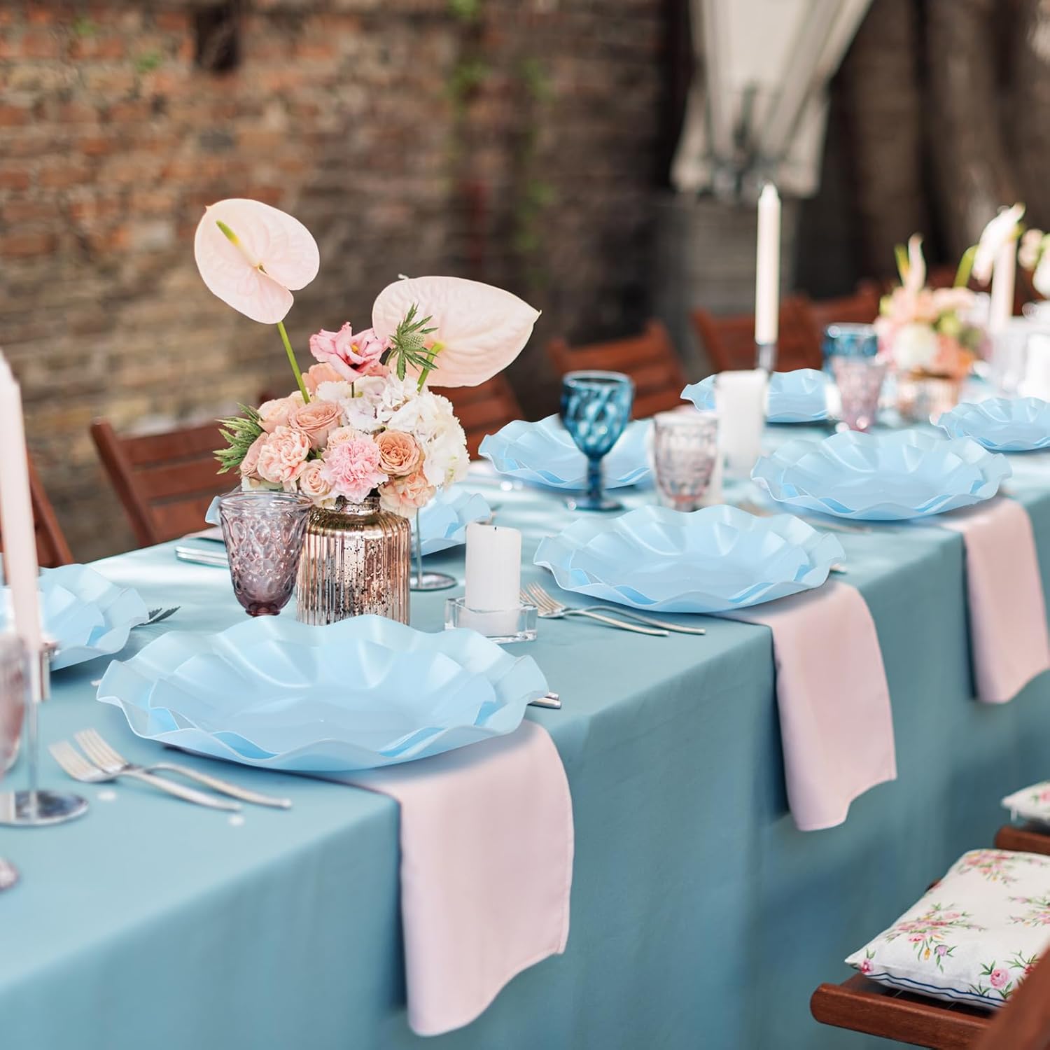 Zhehao 50 Pcs Light Blue Scalloped Plastic Plates, 8'' 10'' Disposable Blue Party Dinner Dessert Plates for 25 Guest, Heavy Duty Appetizer Buffet Dishes for Wedding Baby Shower Birthday Party Supplies - Image 6