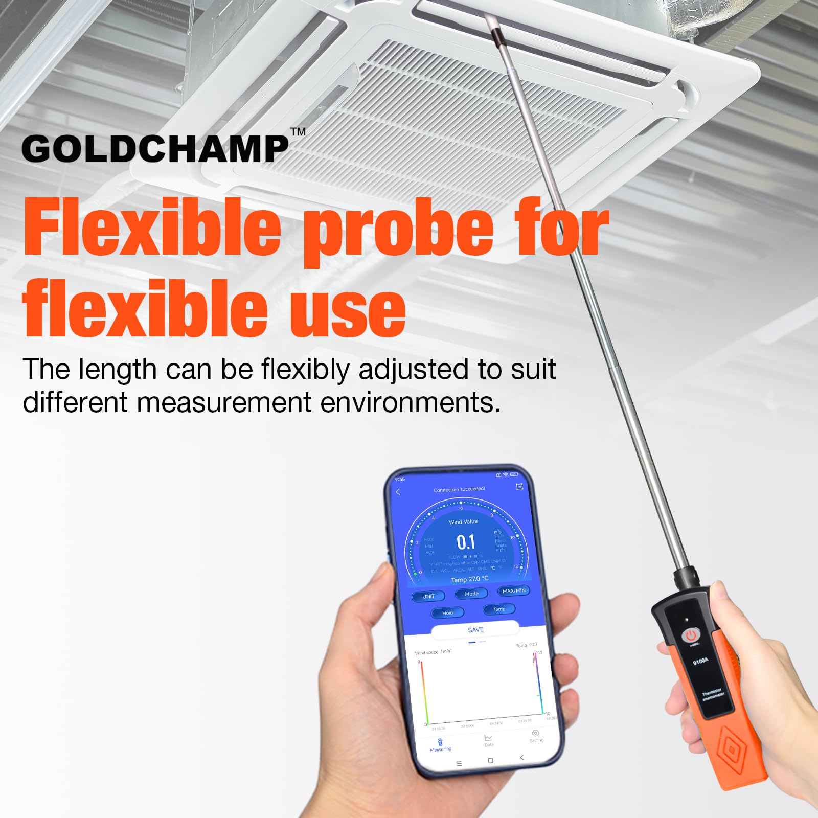 Heißdraht-Anemometer, Thermischer Anemometer mit 40 m/s und Bluetooth, Ausziehbare Stange 320–650 mm, 9100A Windmesser Windmessgerät mit APP, hohe Präzision 0,1 m/s, misst HVAC, Datenprotokollierung