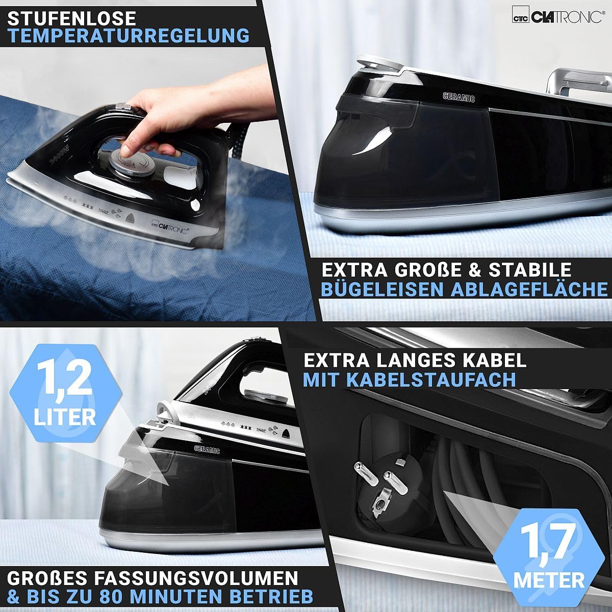 Clatronic® Dampfbügelstation mit Dampf Bügeleisen | 3,5 bar | mit Superglide-Sohle & 1,2L Wassertank | 80 min. Betriebsdauer | 2400W | Bügeleisen Dampf Anti-Tropf-System | DBS 3749 schwarz