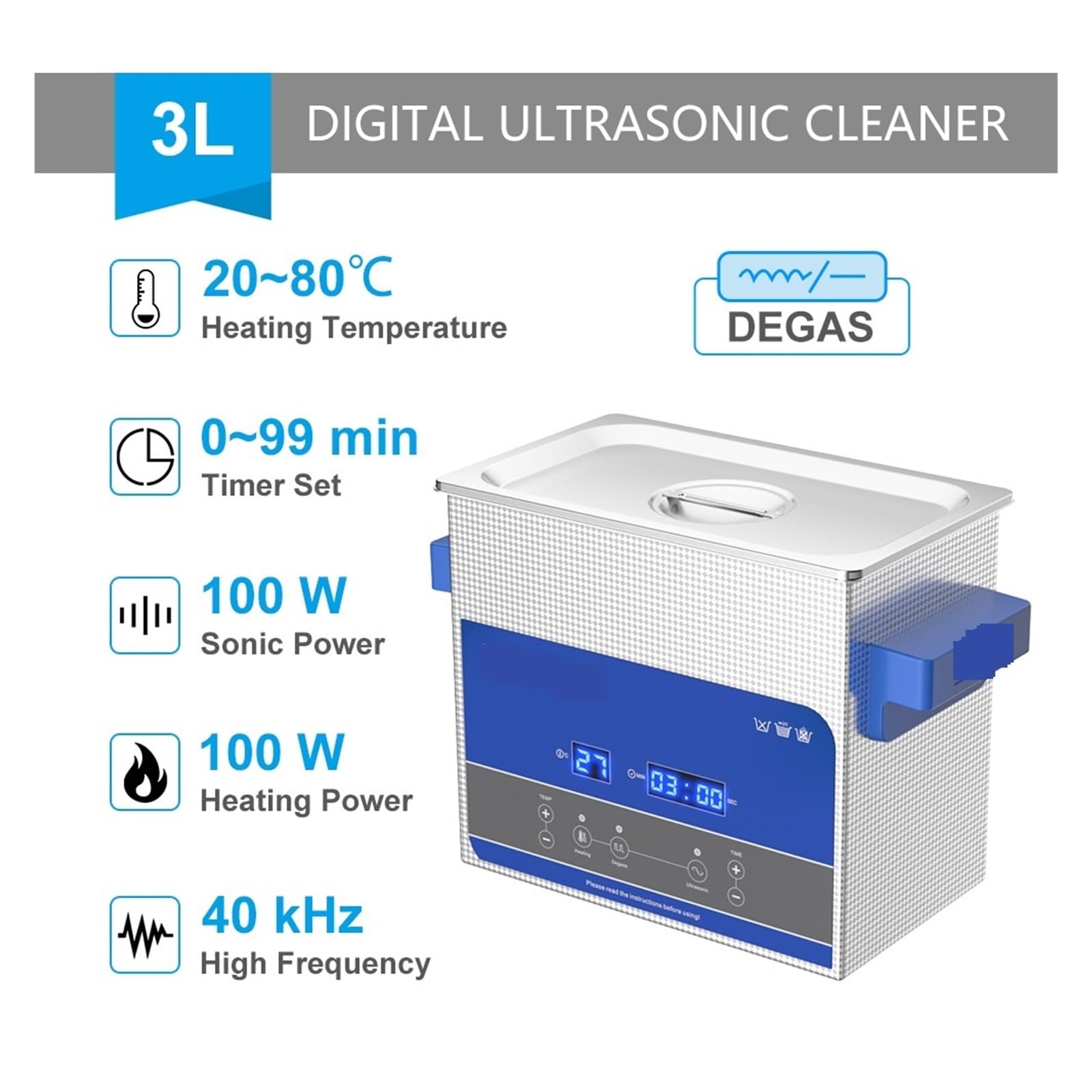 Limpiador ultrasónico, Máquina De Limpieza Ultrasónica, Cesta Baño Limpiador Desgasificador Dígitos 3L Con Temporizador Calefacción para limpiar joyas