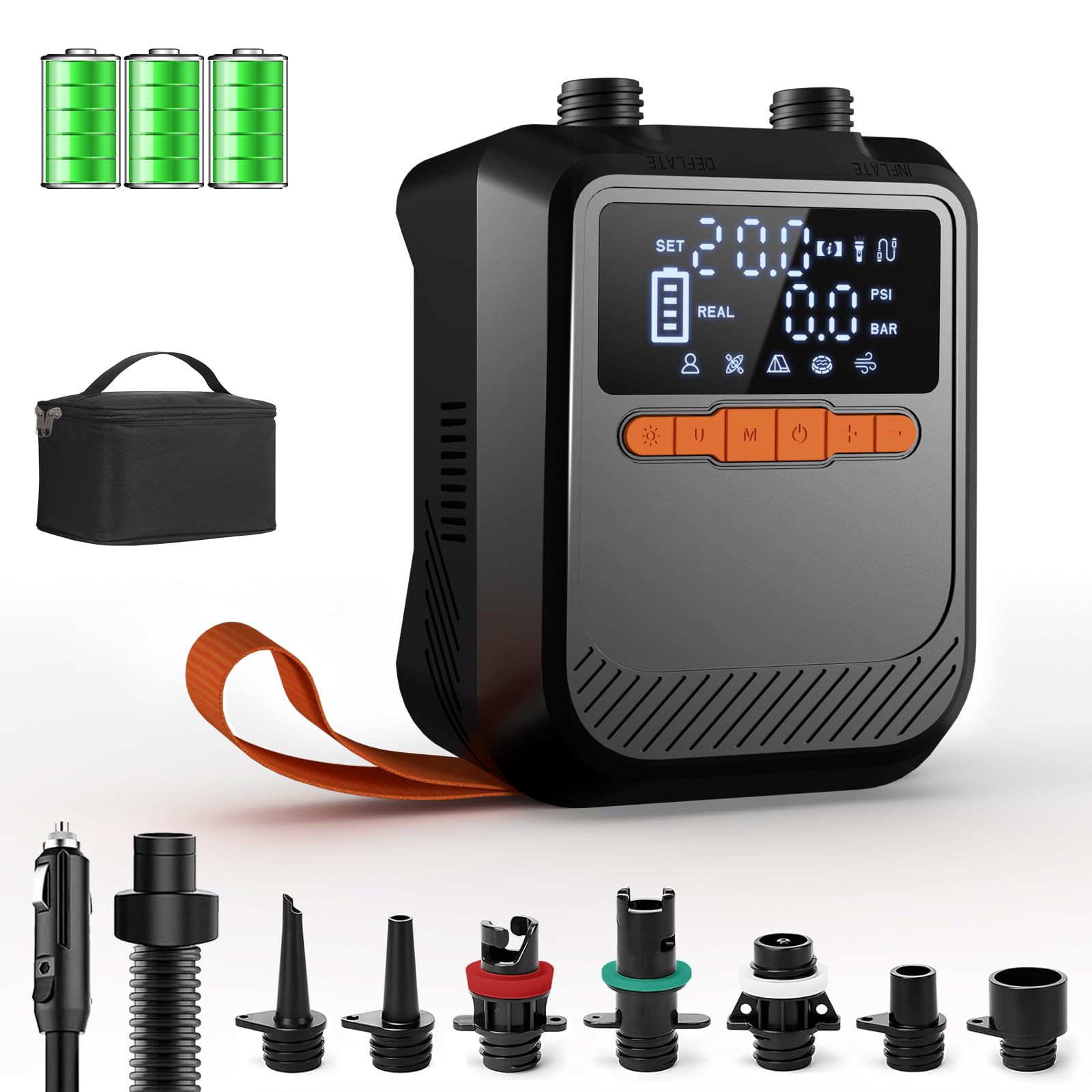 Mojimdo Pompa SUP 20 PSI, batteria da 13.500 mAh, 5 modalità, USB-C, 12 V | Doppio gonfiaggio rapido, pressione personalizzata, spegnimento automatico, 6 ugelli, funzione di aspirazione e luce
