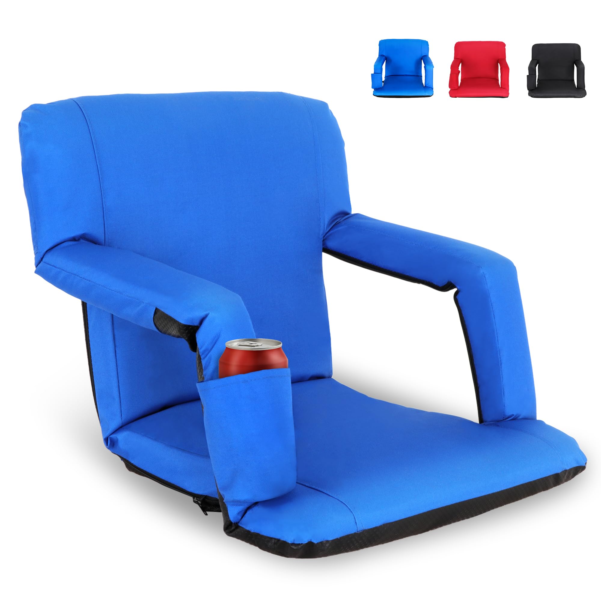 HomGarden Portable Reclining Stadium Seat for Bleachers, Stadium Chair with Padded Back Support Armrests and Cushion Wide for Sport Events, 6 Recline Positions, Blue