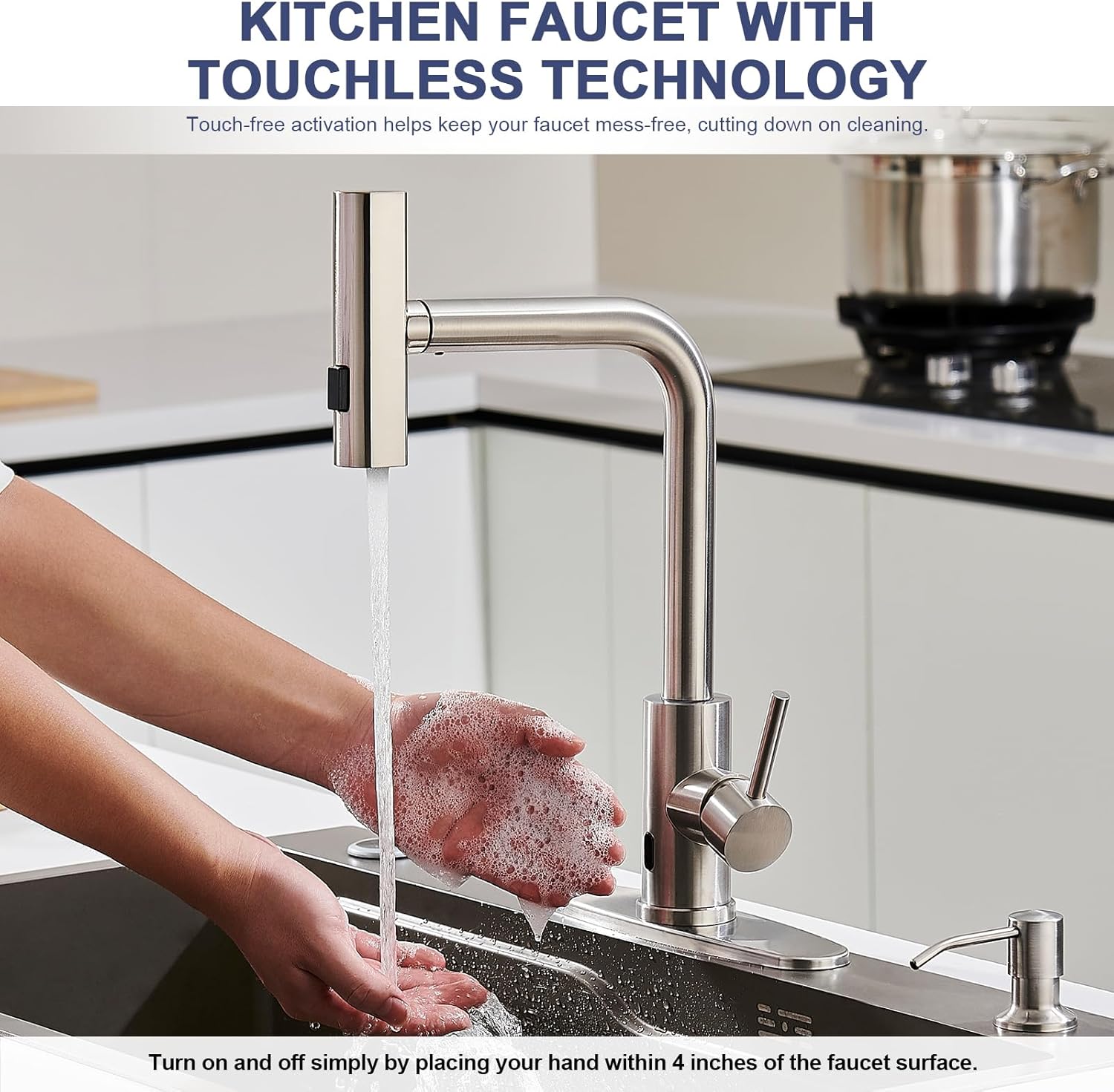 Brushed Nickel Touchless Kitchen Faucets with Pull Down Sprayer & Soap Dispenser, Single Hole & Handle, Pull Out Tap, Waterfall Stainless Steel Sink Faucet for Farmhouse Camper Laundry Rv Bar