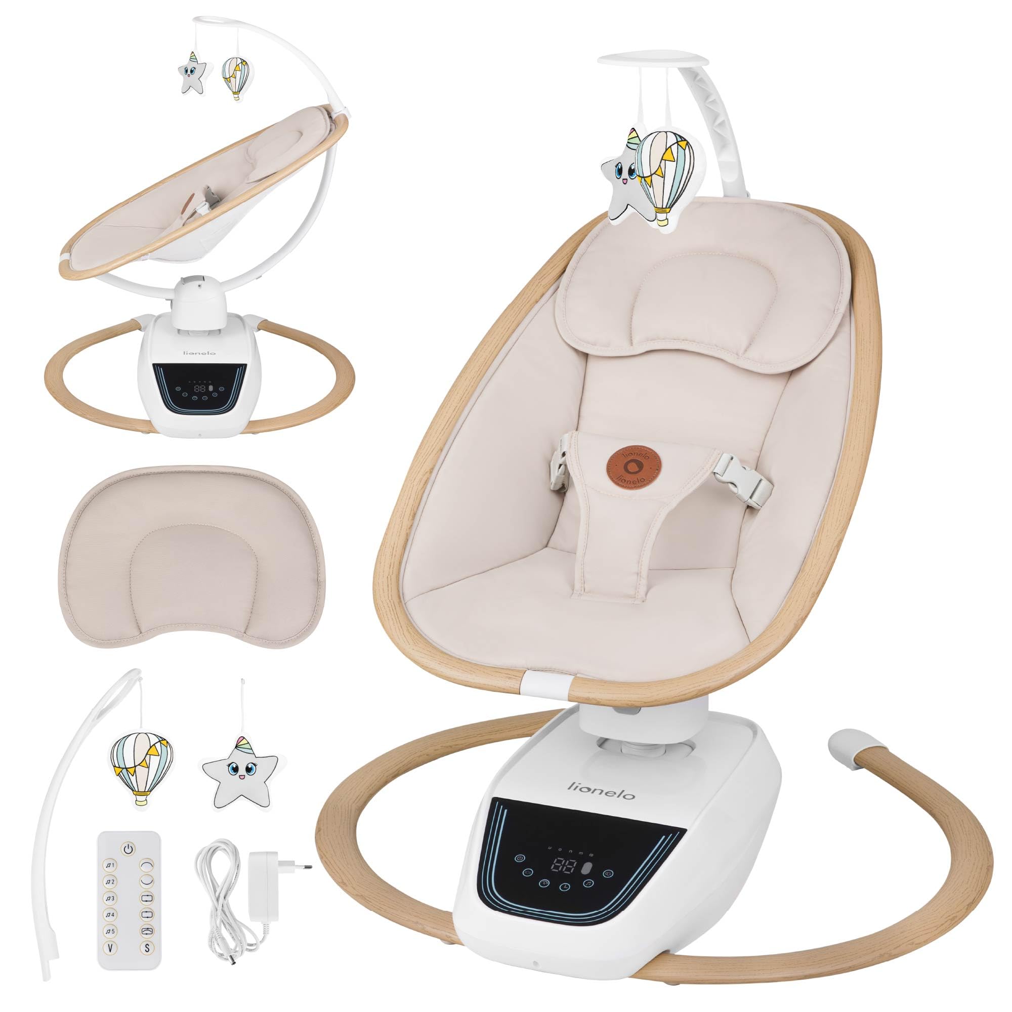 Lionelo OLIVIA - Balancín eléctrico para bebé de hasta 9 kg, reclinación natural, 4 velocidades, asiento ergonómico, 13 melodías, 2 juguetes, mando a distancia | balanceo natural, 4 velocidades, asiento ergonómico, 13 melodías, 2 juguetes, control remoto