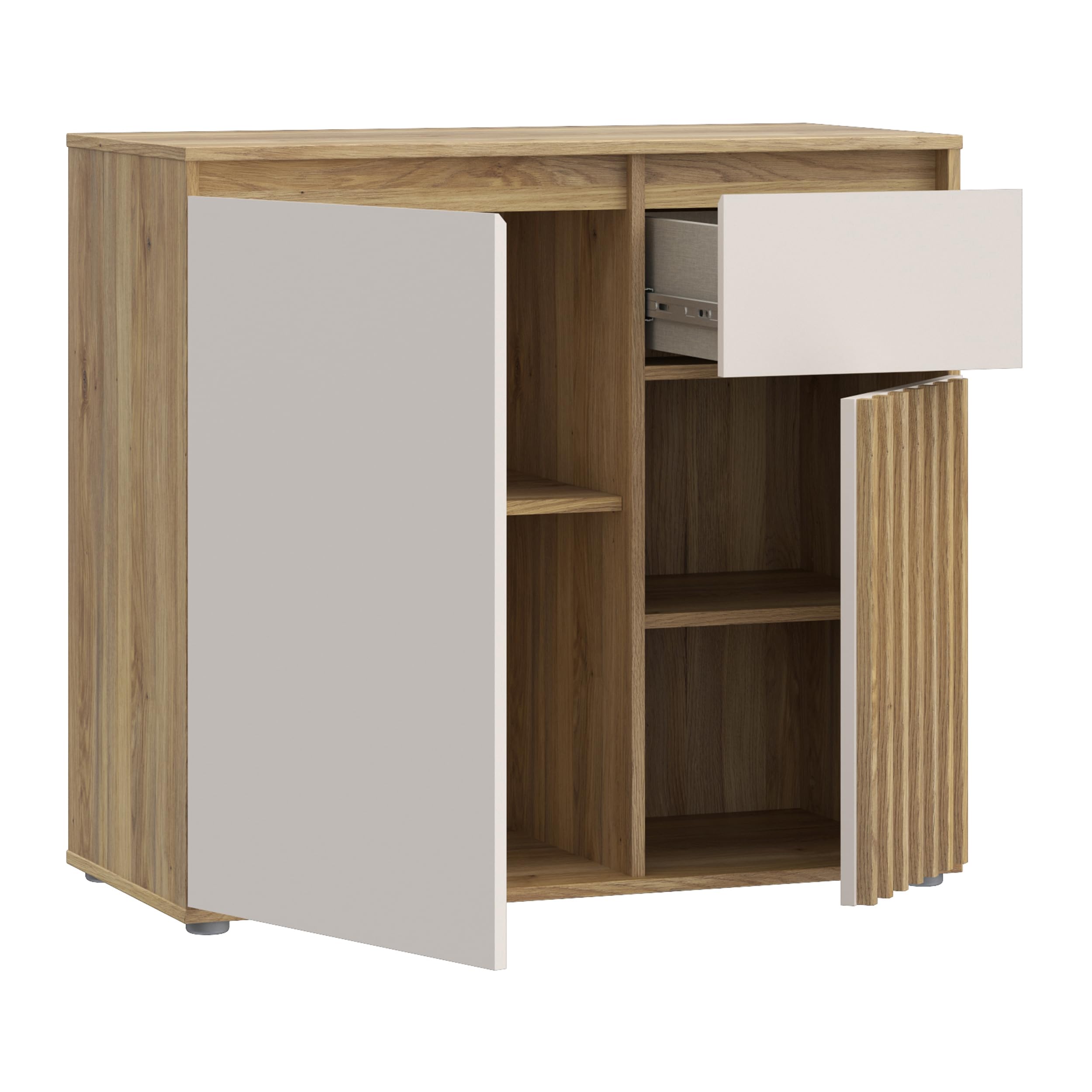 Forte ELISTON Kommode 90, Moderne Kommode mit Lamellendesign, 2-türig, 1 Schublade, Wohn-/Schlafzimmer, Mauvella Eiche Holzdekor|Kashmir Beige, 89 cm breit x 81,7 cm hoch x 41,5 cm tief