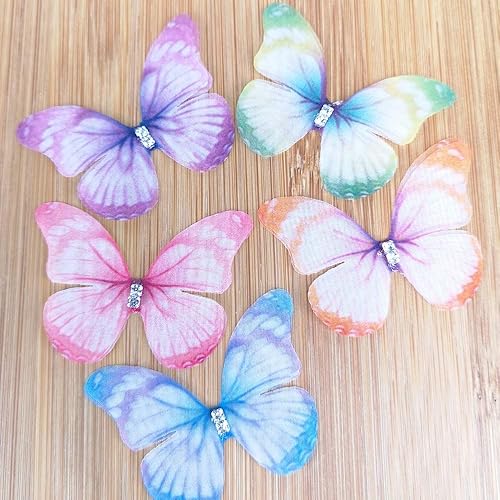 Miniatura 4 de Chenkou Craft Mix Bulk 20pcs 2"(50mm) Organza Mariposa Dos Capas Cinta Flores Lazos Artesanía Decoración De Boda Apliques (Organza Mariposa)