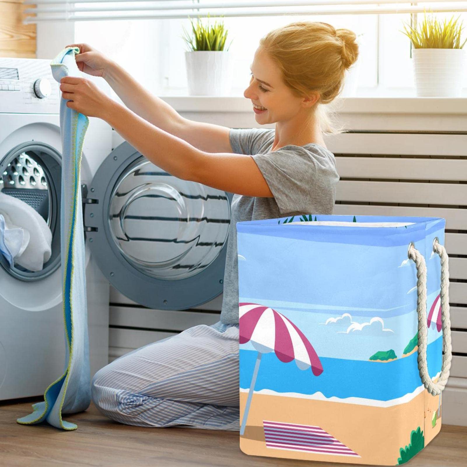 Cesta impermeable para la ropa sucia, cesta de ropa sucia con asa, patrón de playa y paisaje