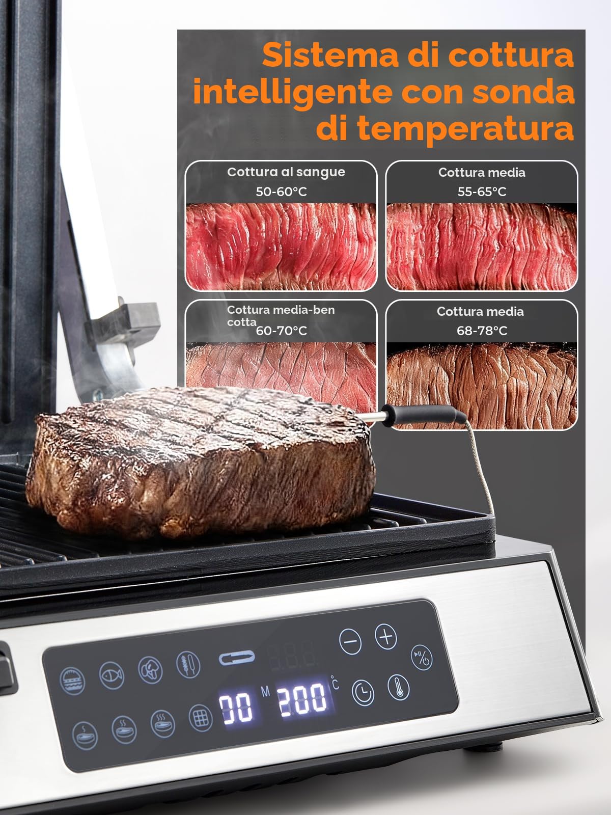 FOHERE Griglia Multifunzione, Piastra per Panini/Waffle Maker/Sandwich Maker 4 in 1, XL Piastre Antiaderenti Rimovibili 29 x 26 cm, Tempo e Temperatura Individuali, Display a LED, 2200 W