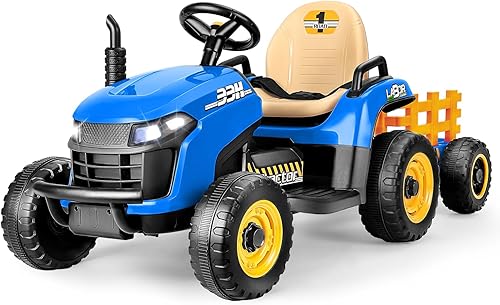 Miniatura 10 de Tractor de paseo de 12 V 7 AH con remolque inclinable y control remoto, motores de 2 x 45 W, Bluetooth, música, palanca de cambios, automóvil