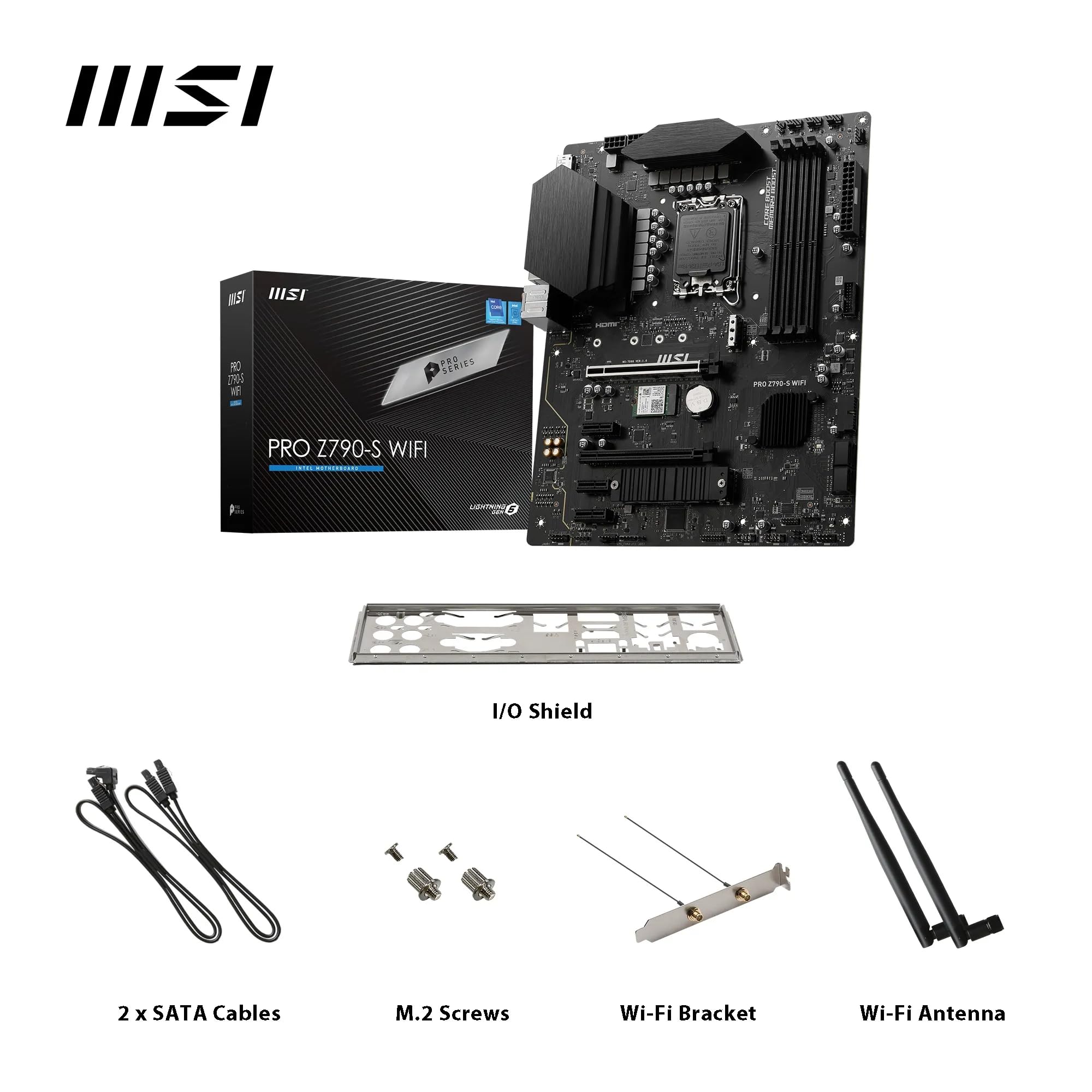 MSI PRO Z790-S WiFi Mainboard, ATX - Unterstützt Intel Core Prozessoren der 12., 13. & 14. Generation, LGA 1700 - DDR5 Memory Boost 6600+MHz/OC, PCIe 5.0 x16 Slot, M.2 Gen4 Slots, Wi-Fi 6E, 2.5G LAN