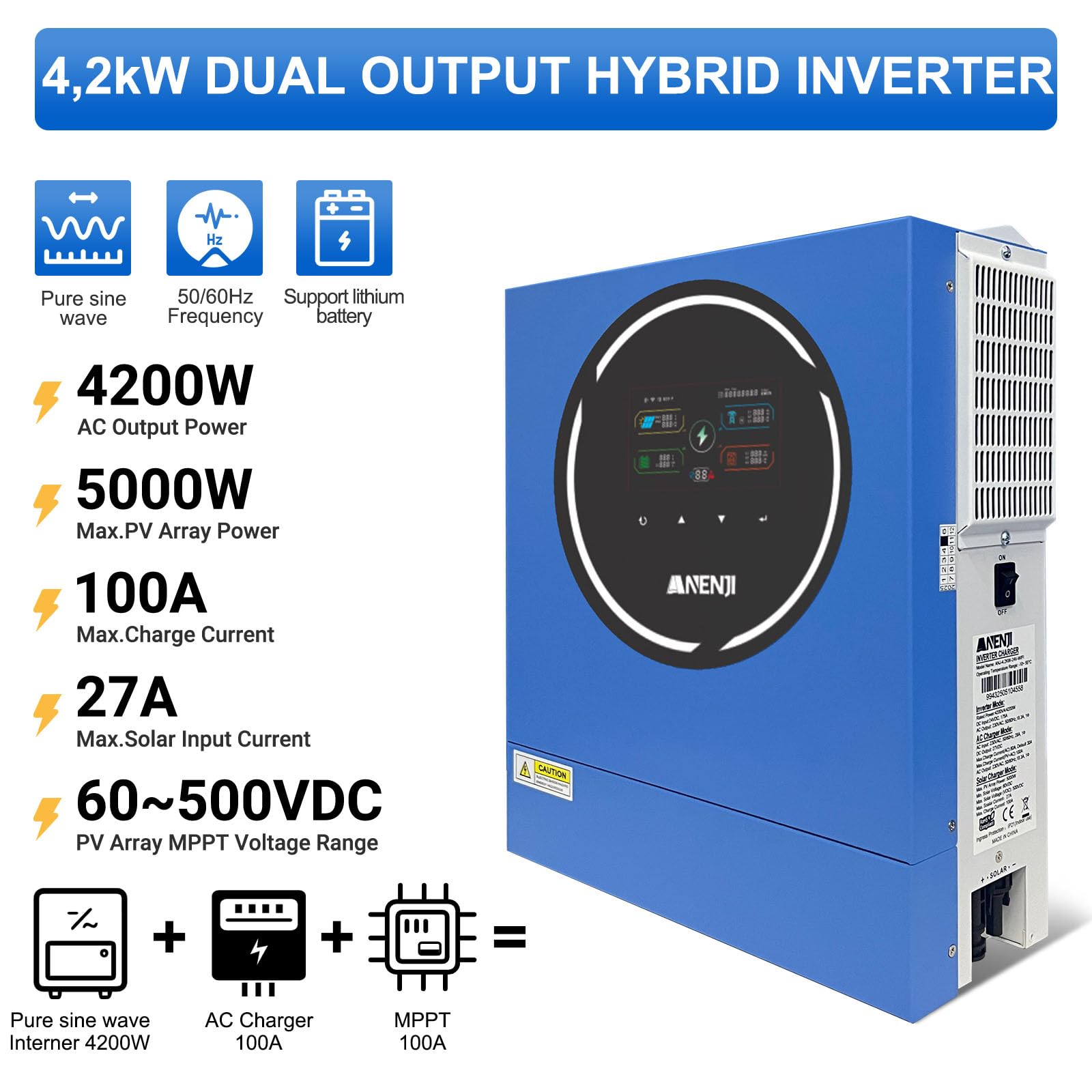 4200W Inverter Ibrido 24V Inverter Fotovoltaico a Onda Sinusoidale Pura, Tensione a Circuito Aperto Fotovoltaico 60–500 Vcc Dispone di Due Porte di Uscita Integrate e un Modulo WiFi
