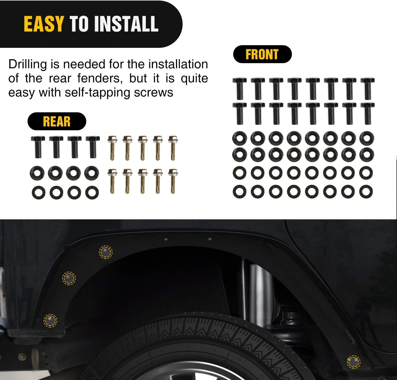 Nilight Off-Road Fender Flares Kit Compatible with 2007-2018 Wrangler JK (2/4 Doors) Heavy-Duty Solid Steel Black Textured Fenders for Unlimited JK Front & Rear Flat-4pcs(JK-63D)