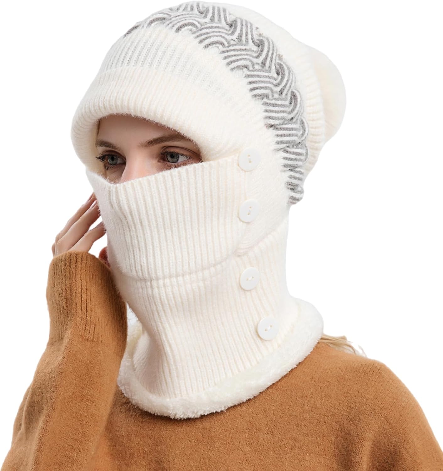 Women Winter Beanie Hats One-Piece Fleece Lined Knit Balaclavas Mask Set Skull Neck Circle Scarf Ski Snow Hat Cap with Pompom - Image 3