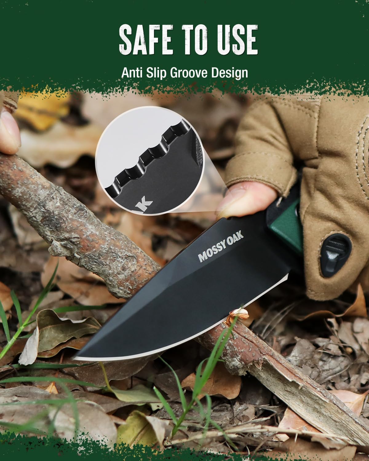 Mossy Oak 9.5" Fixed Blade Hunting Knife with Sheath, 14C28N Full Tang, G10 Handle Outdoor Knife for Survival, Camping, Hiking(Green) - Image 6