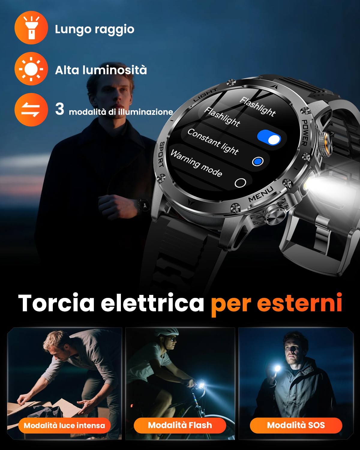 Karchilor Smartwatch Uomo Militare con 1000mAh/Chiamate/Torcia LED, 1,7" HD Smart Watch Orologio con 100+ Modalità Sportive, 5ATM, Sonno, SpO2, Notifiche Messaggi, Fitness Tracker Android iOS