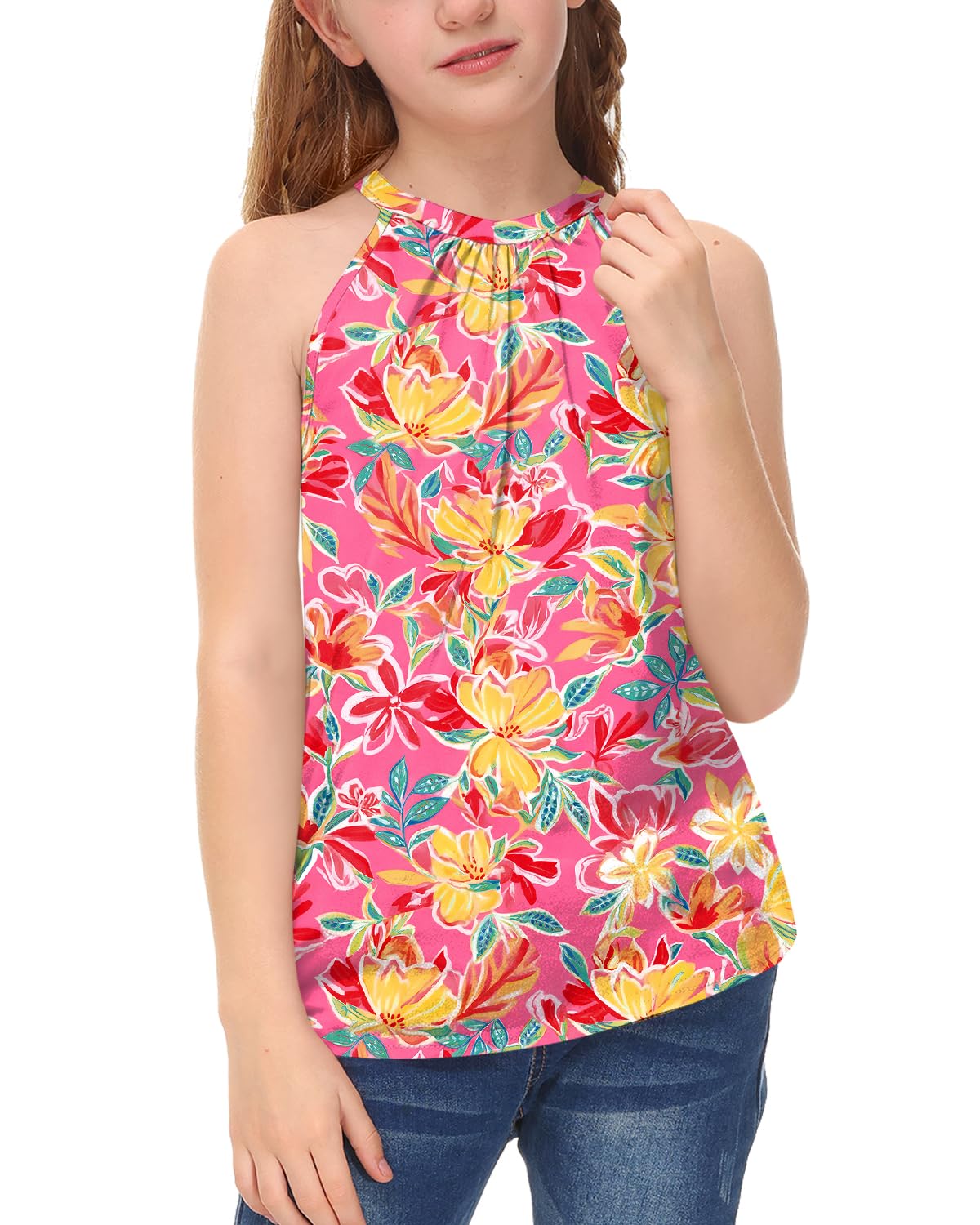 BesserBay Girls Summer Back Button Halter Neck Tank Top Cold Shoulder Casual Blouse Pleated Sleeveless Shirts 5-14 Years