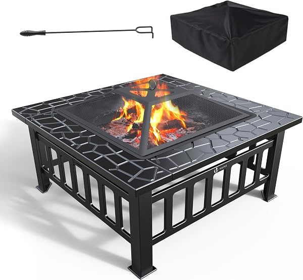VOUNOT® Brasero Exterieur avec Couverture en Maille Poêles Chauffant Multifonctionnelle pour Jardin Terrasses Balcon Poêle à Bois 81x81x45cm Noir - 1
