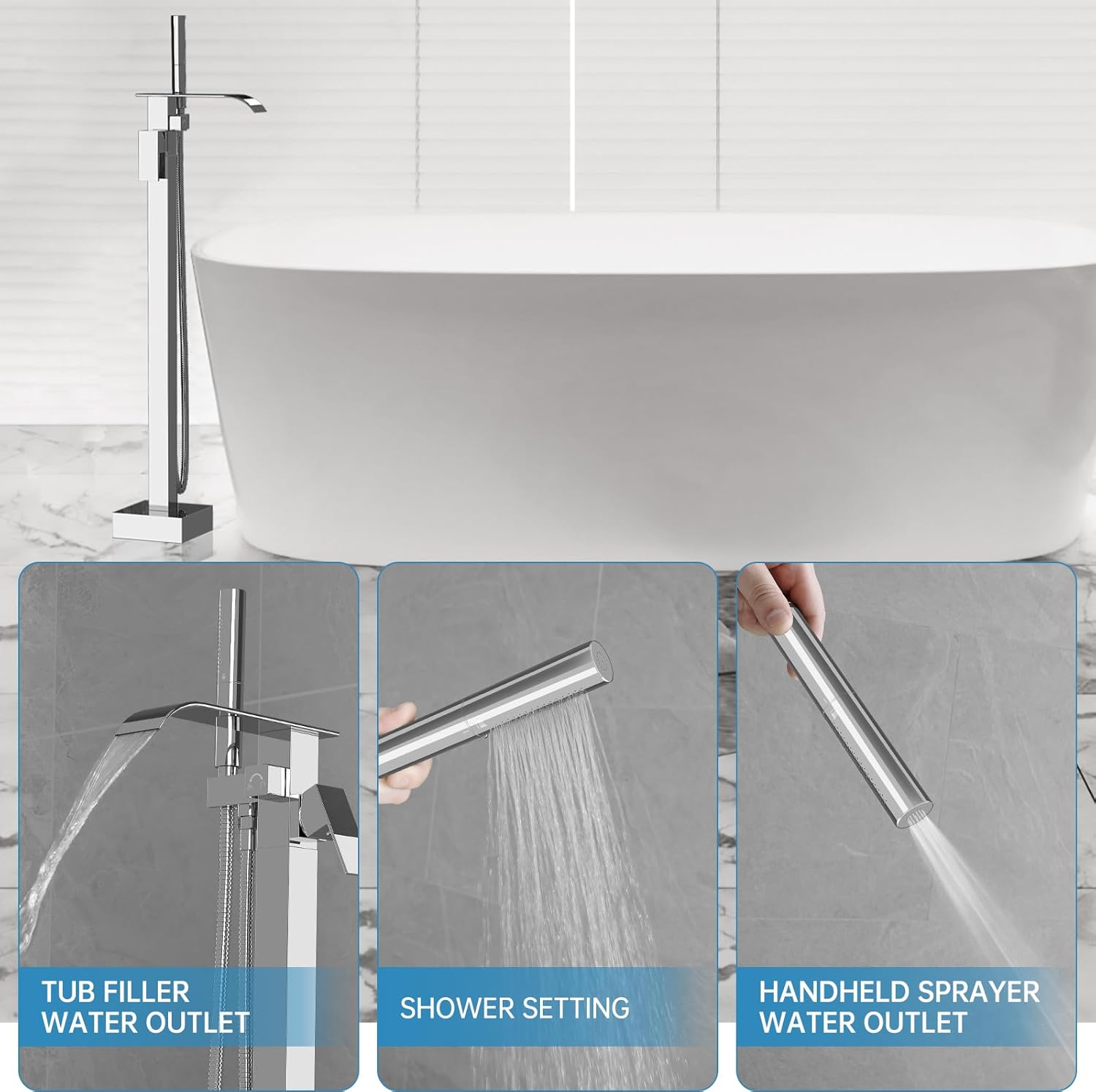 RUMOSE Tub Filler Freestanding Bathtub Faucet Polished Chrome Floor Mount Tub Faucet Waterfall Bathtub Filler with CUPC Certified High Flow Brass Bath Shower Faucets with Handheld Sprayer - Image 2