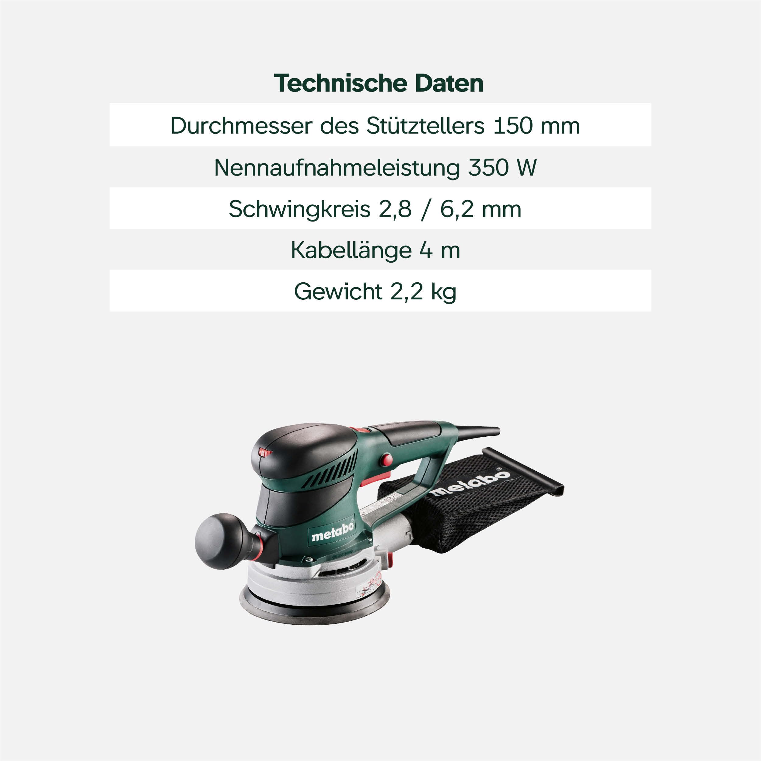 Metabo Exzenterschleifer SXE 450 TurboTec – 600129000 – Mit patentierter Duo-Schwingkreisverstellung, Vario (V)-Elektronik u. v. m. – Nennaufnahmeleistung: 350 W – 4 m Kabellänge
