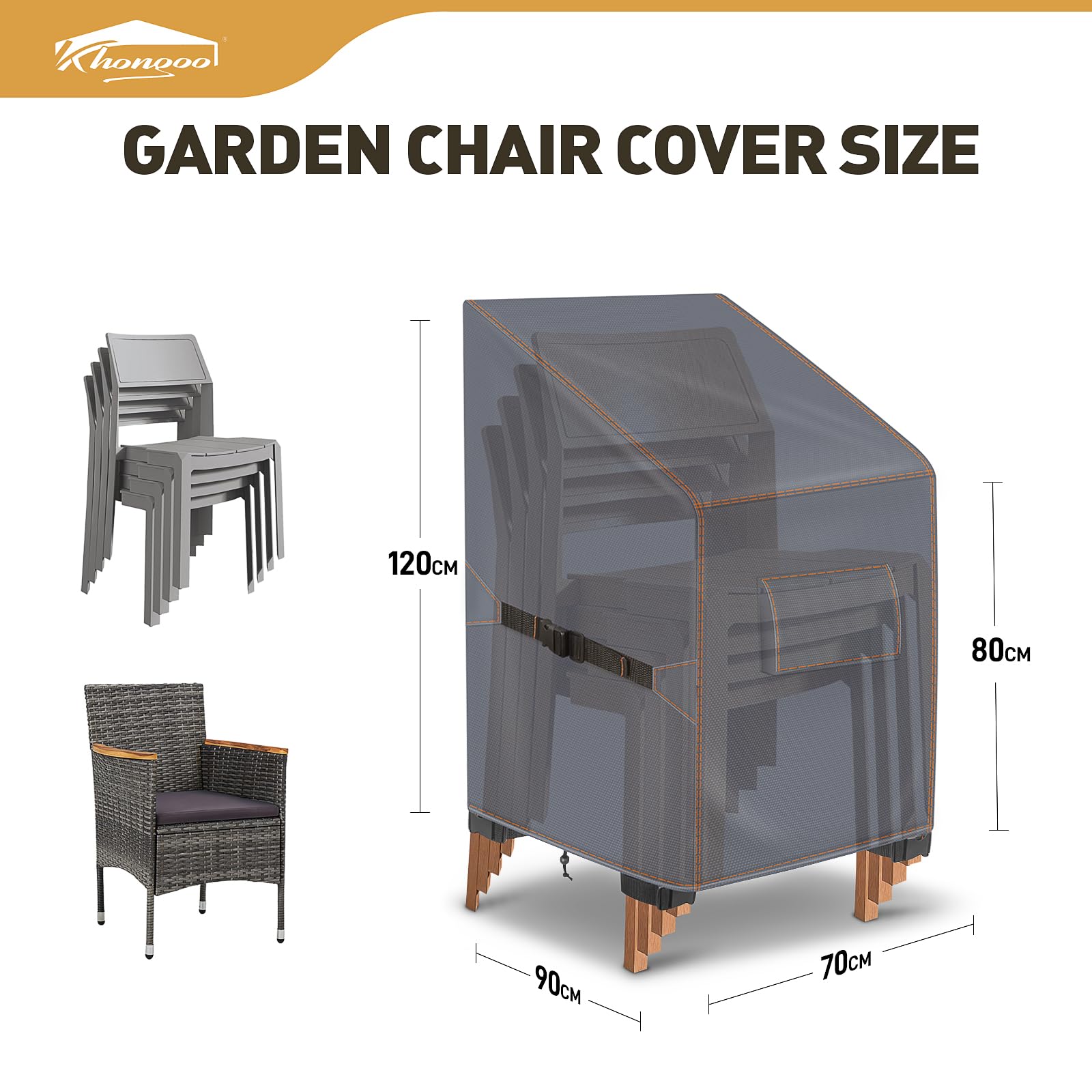 Housse de Protection Imperméable pour Chaises de Jardin Empilables, 70x90x80/120 cm en Tissu Oxford 420D, Anti-UV Housse Chaise Jardin Extérieur avec Aération, Gris