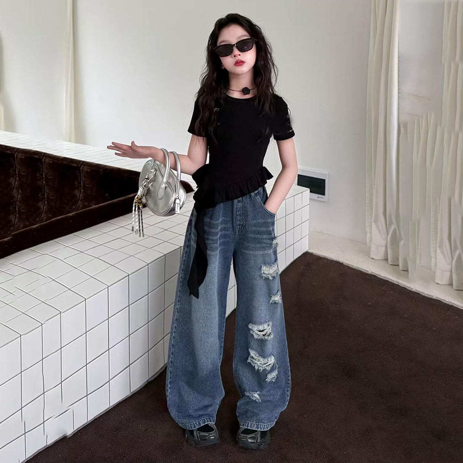 Girls Wide Leg Jeans Baggy Ripped Straight Leg Y2k Denim Pants