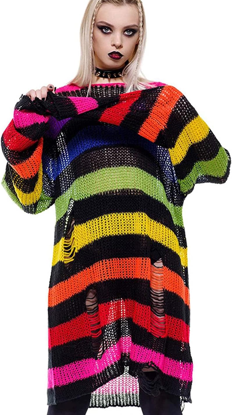 Peaceglad Womens Oversized Goth Punk Ripped Striped Long Sleeve Pullover Sweater Dress Tops - Image 3