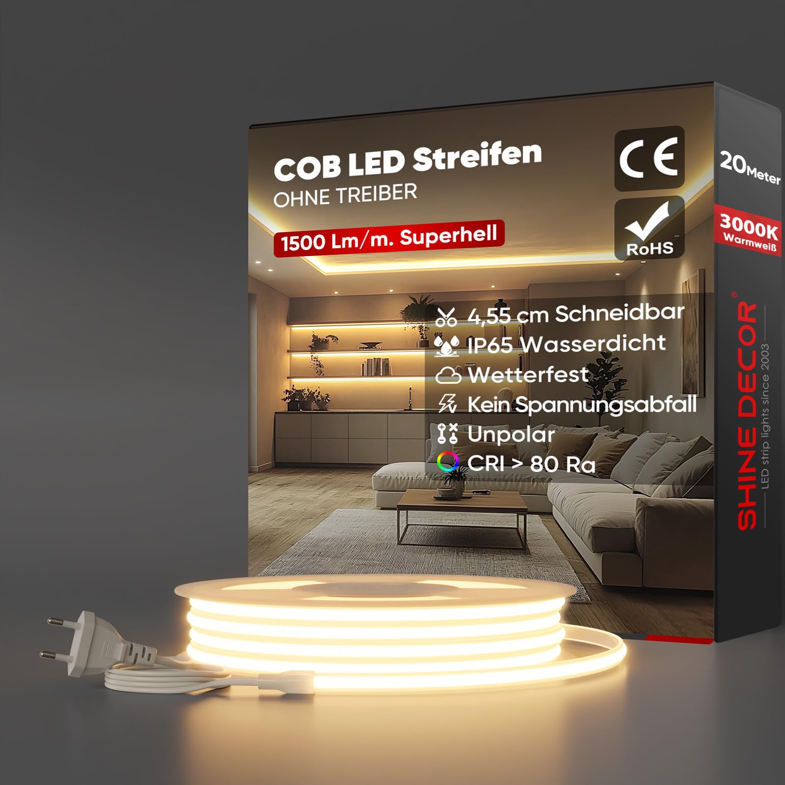 Shine Decor COB LED Streifen 20m, AC 220V 230V IP65 Wasserdicht LED Band, SMD2025 286 leds/m Ultrahohe Helligkeit Lichtleiste für Küche Garten LED Beleuchtung (20M, Warmweiß, CE Zertifiziert)
