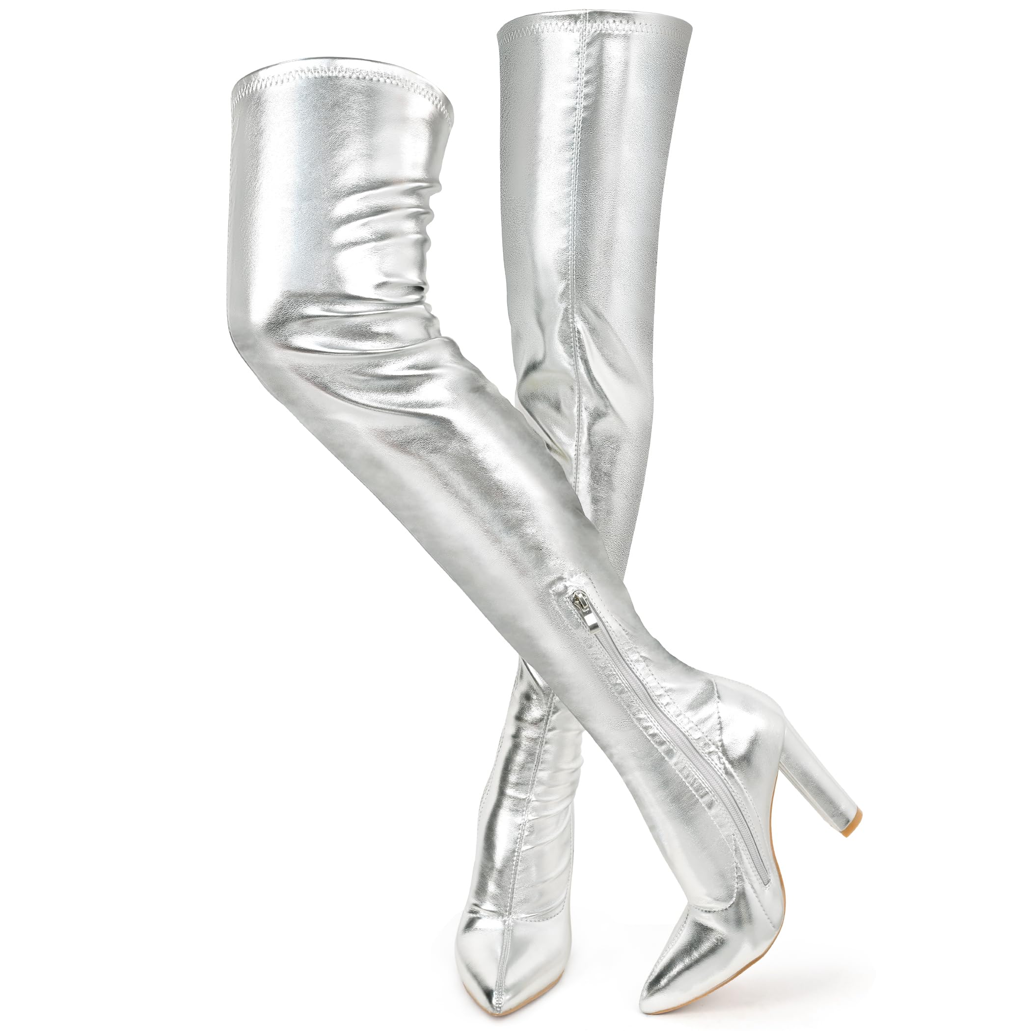 Damen Gogo-Stiefel mit spitzem Zehenbereich, klobiger Absatz, silber, 40 EU