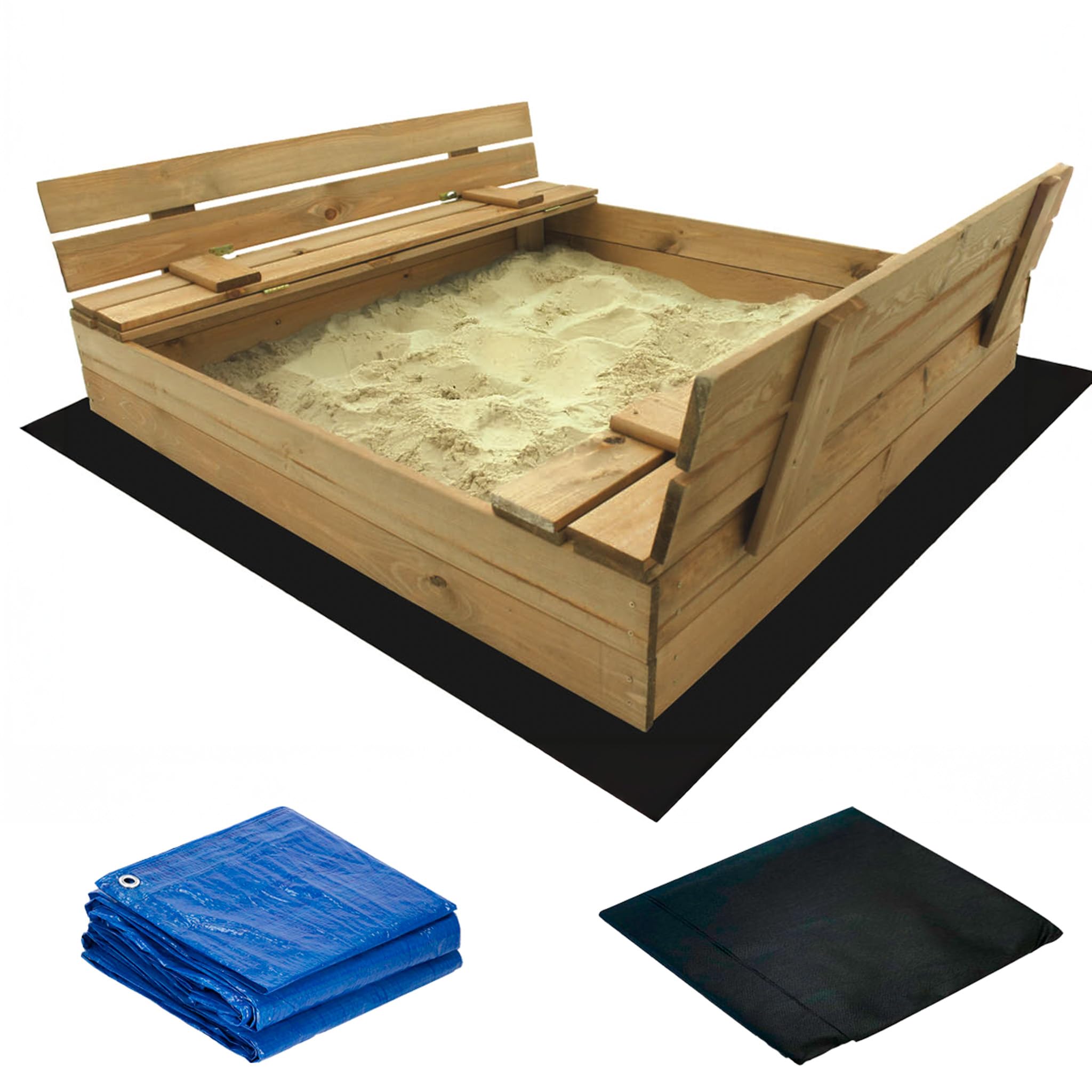 Sandkasten, Sandkasten Inklusive Bodentuch und Abdeckplane, Kindersandkasten,Sandkiste mit Bank, Holz, Imprägniert, Sitzbank,Mit klappbaren Bänken 120x120x20 cm