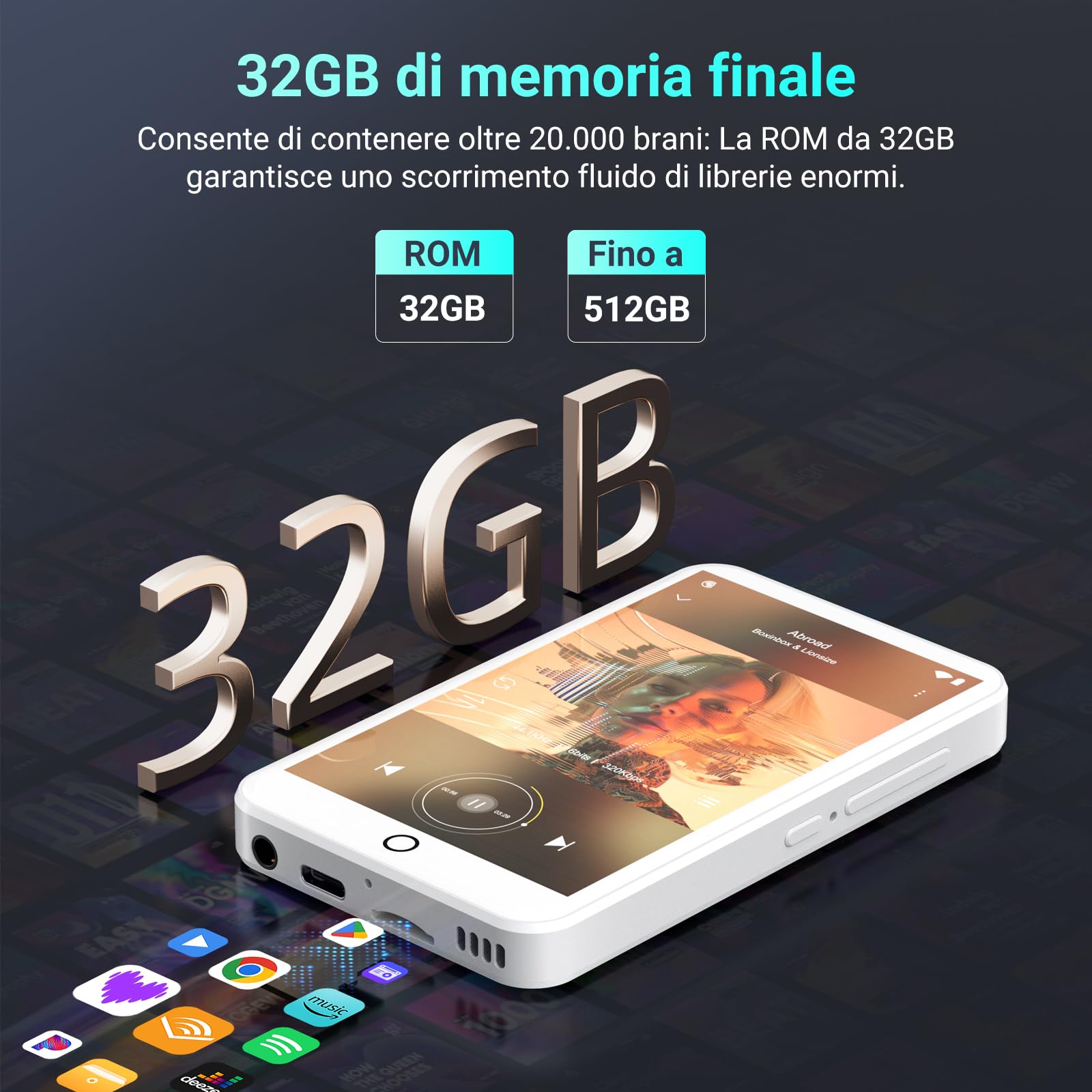 Lettore MP3 con Bluetooth e WiFi, Lettore MP3/MP4 Android 13 con Schermo Touch da 4" e Altoparlante, 3GB RAM e 32GB ROM, Lettore Musicale Spotify con Audible e Play Store