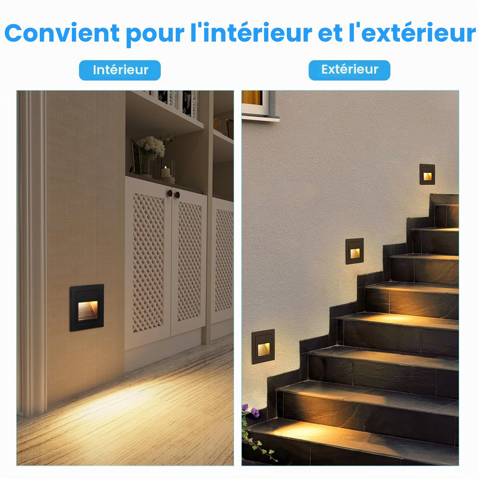 4-Pack Eclairage Escalier Exterieur 3W 300lm, Spot LED Encastrable 230V 3000K, 85x85mm, IP65 Applique Encastrée Intérieure pour Mural, Douilles Encastrées 68mm, Aluminium Noir
