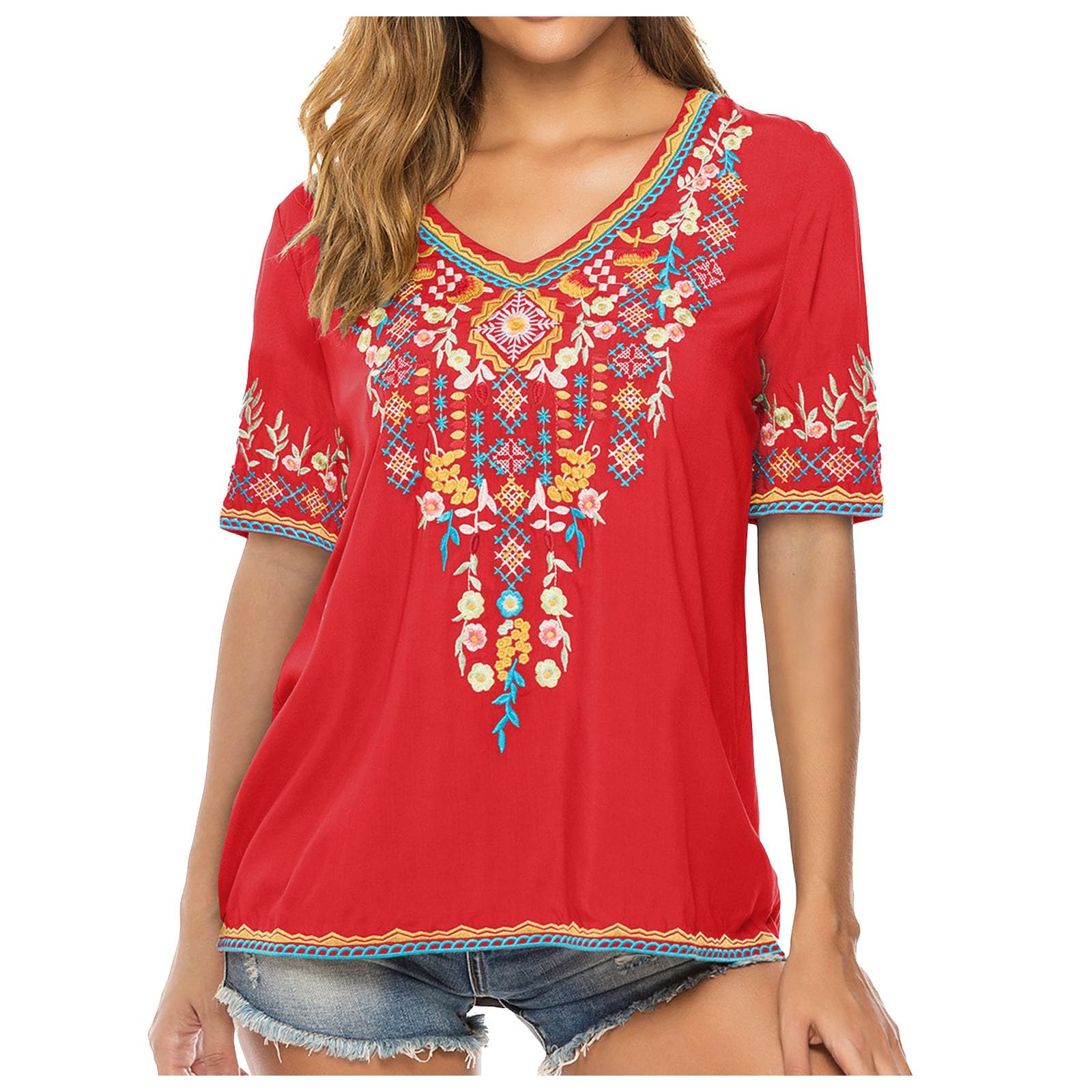 Hauts brodés pour femme - Été - Manches courtes - Style bohème - Décontracté - Style hippie