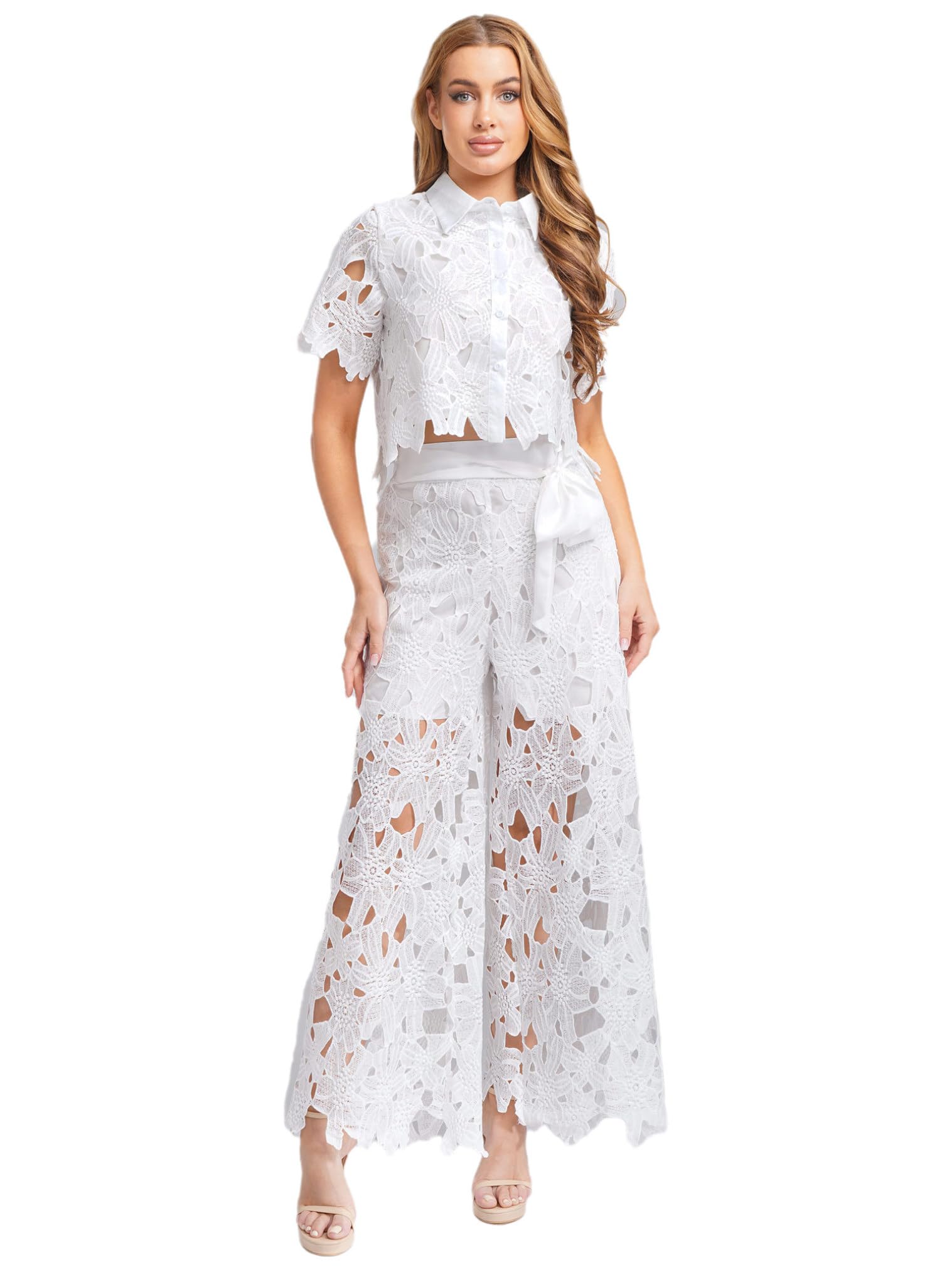 renvena Womens Chiffon Lace Outfit Floral Hollow Out Button Shirt Top Wide Leg Belted Pants 2 Piece Sets