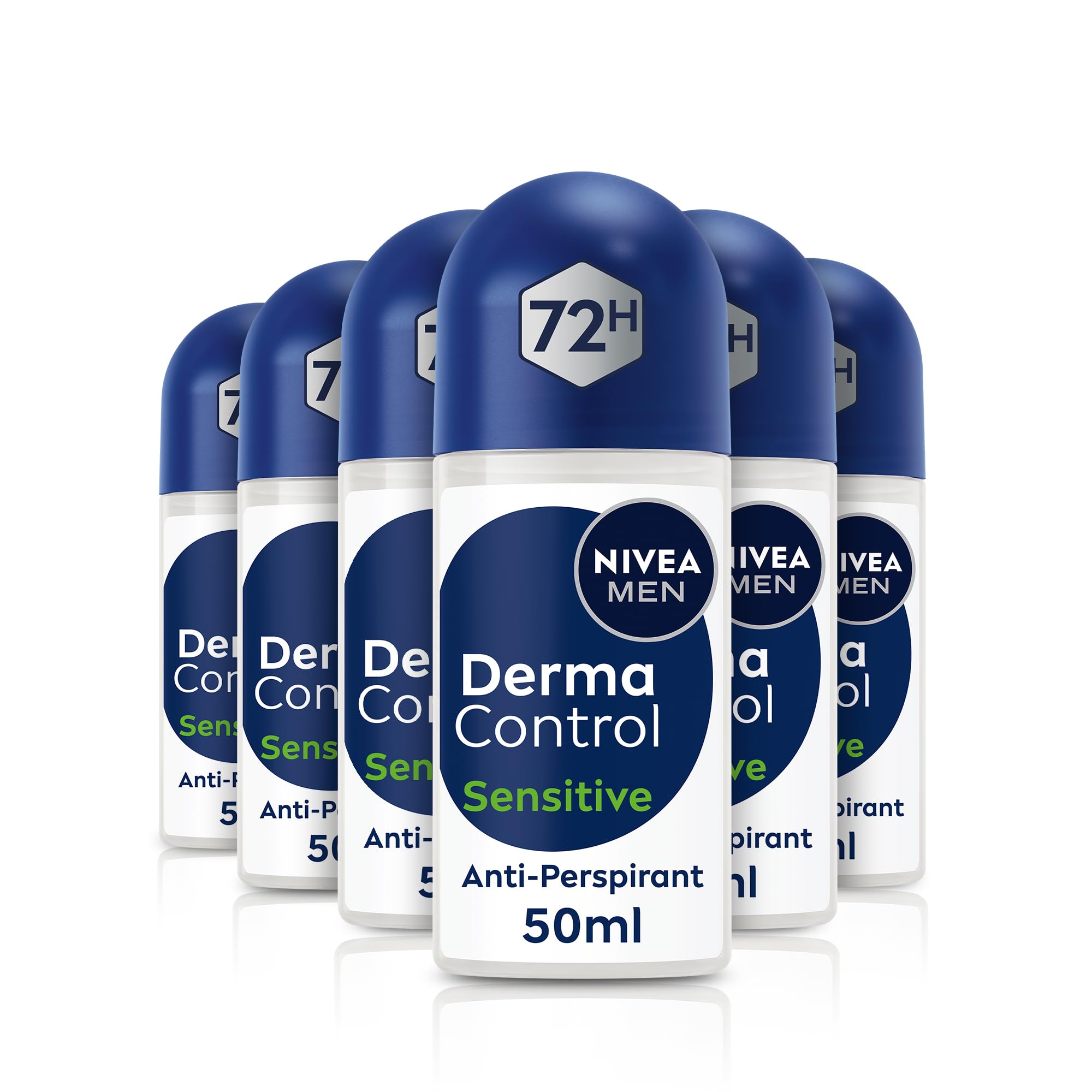 NIVEA MEN Derma Control Sensitive Roll On (6 x 50ml), Anti-Perspirant Formula for Defence Against Odour and Staining, 72H Protection Deodorant for Sensitive Skin, Pack of 6