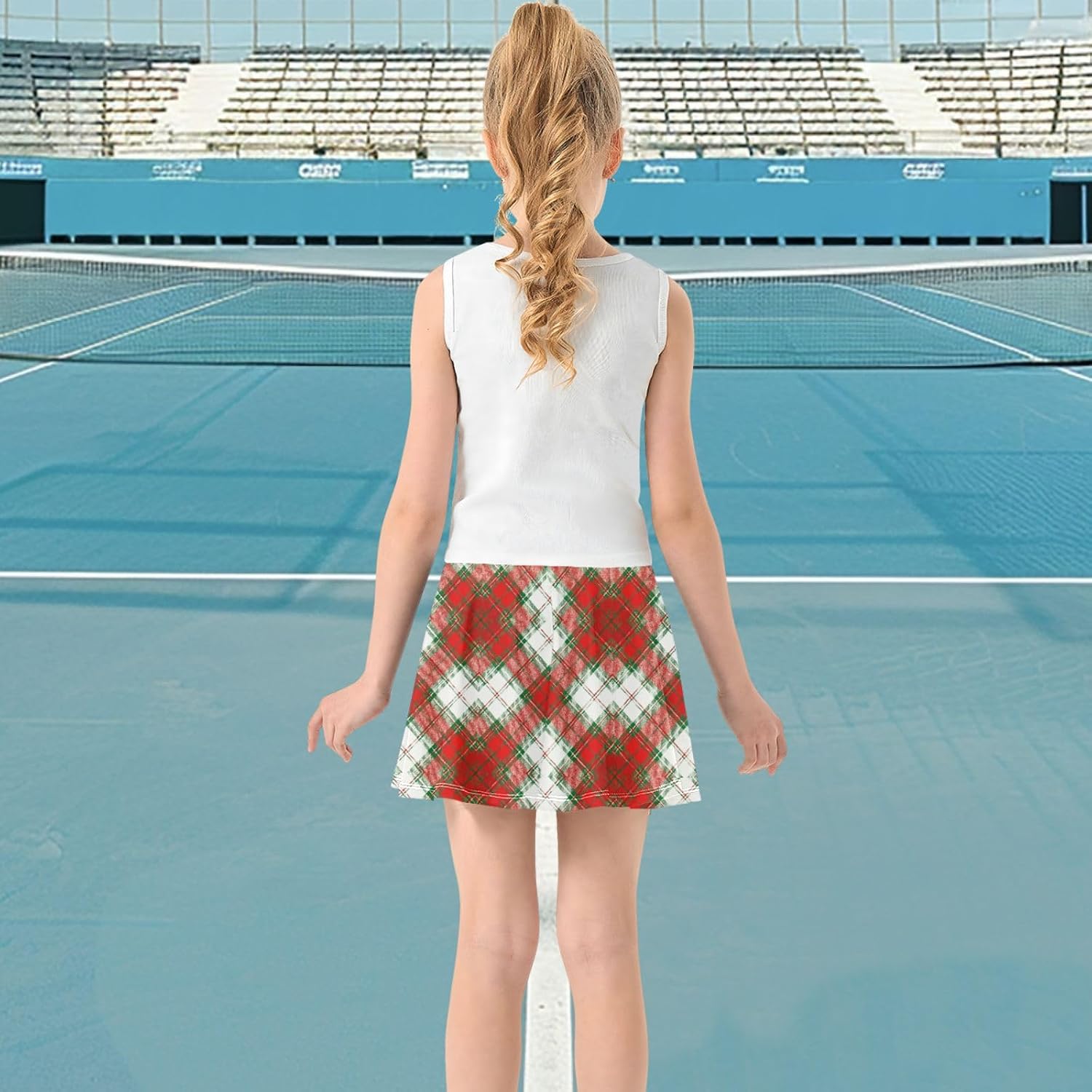 visesunny Christmas Plaid Faux Knit Girl's Golf Skirt Athletic Tennis Skort Sport Activewear with Double Layer Pockets