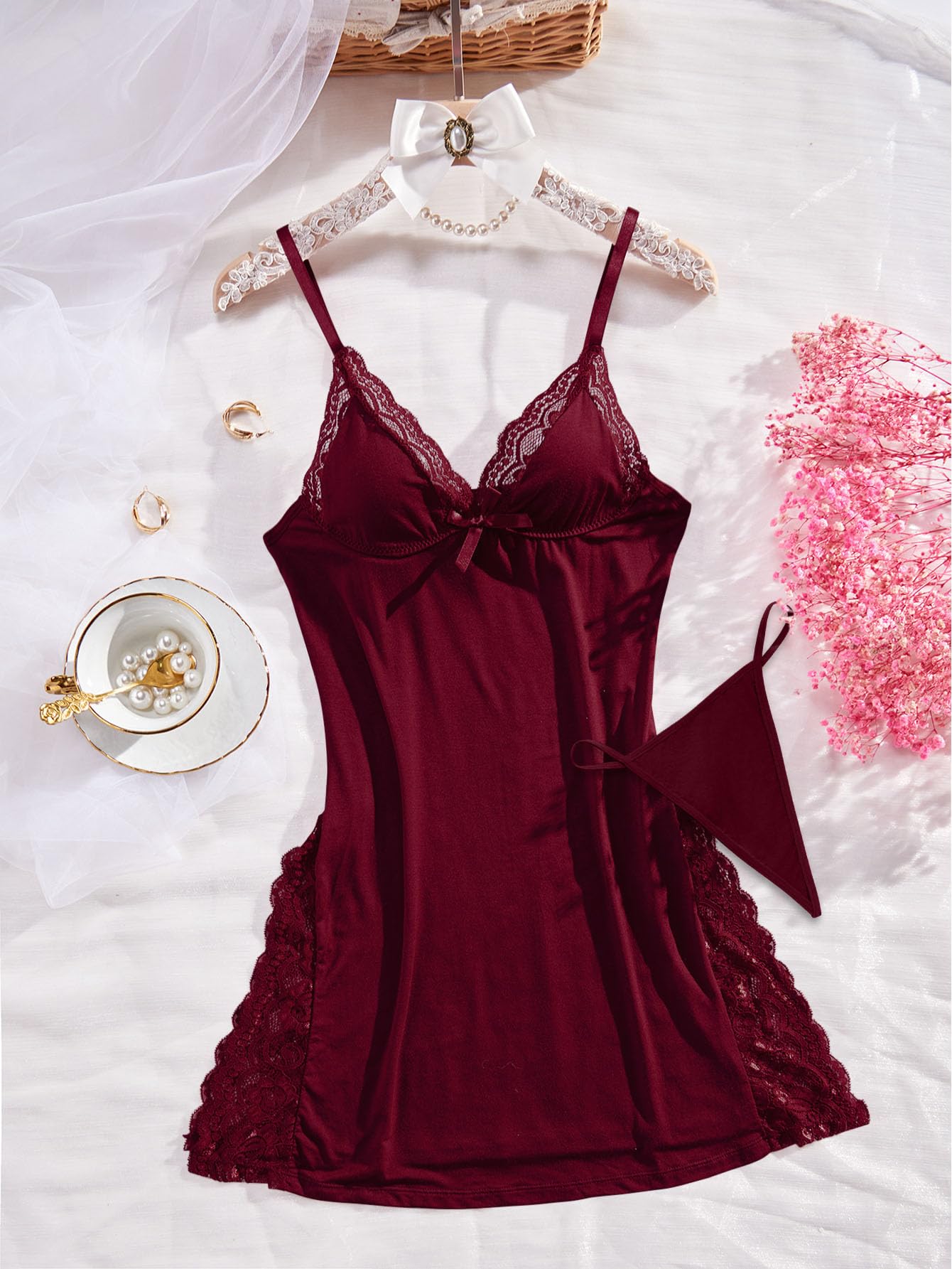 Foxiny Sexy Split Side Floral Lace Trim Full Slip Night Gown Babydoll Lingerie Dress with Thong 2 piece: Medium Wine Red