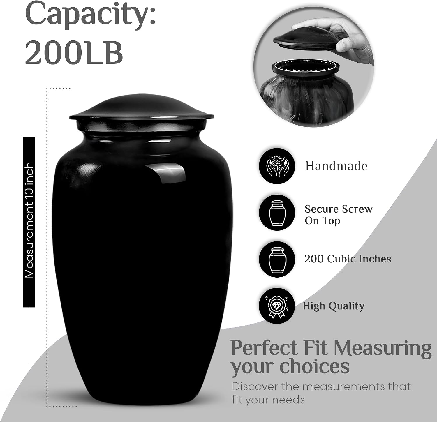 Black Urn Custom Engraved Personalized Decorative Urn for Human Ashes Adult Male & Female - Burial Urns for Adult Human Ashes - Remembrance Gift for Loss (10 inch)