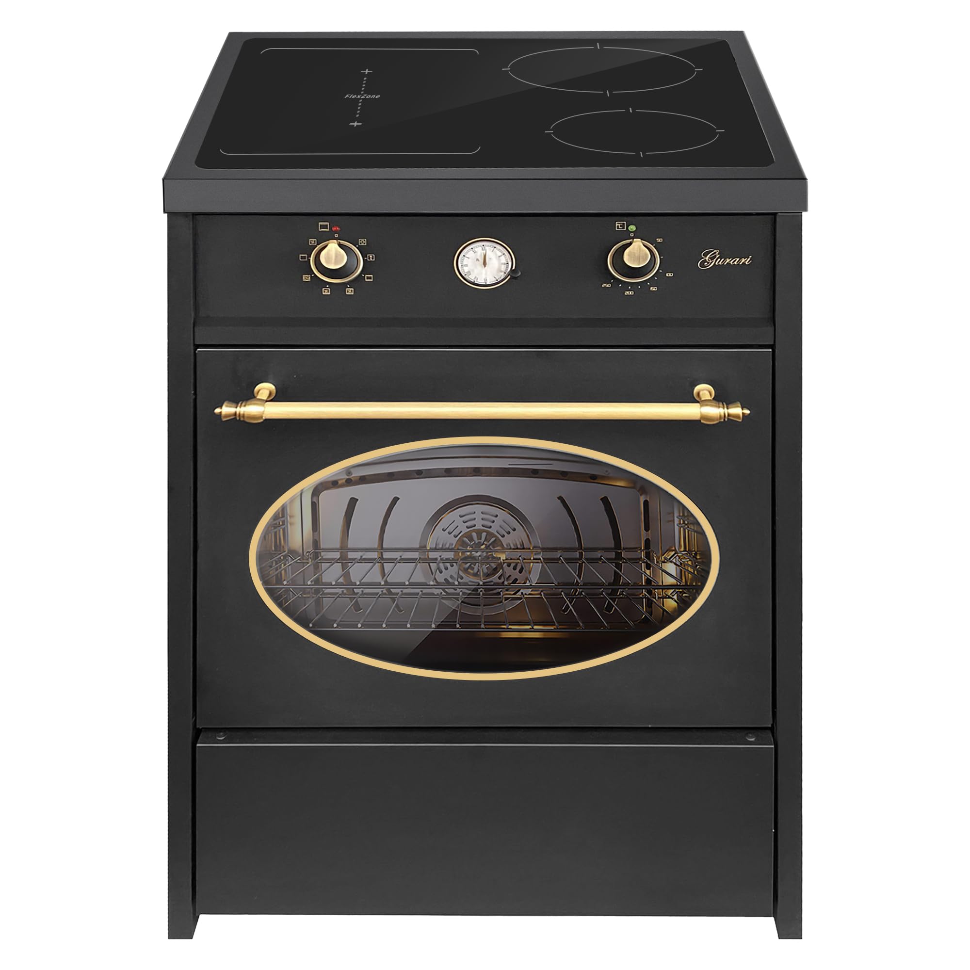GURARI Cuisinière à Induction 60 cm GCH E 612 Bl r Avec Four et Plaque de Cuisson en Fonte | Retro Range Coocker 4 Zones | Air Chaud | Grill