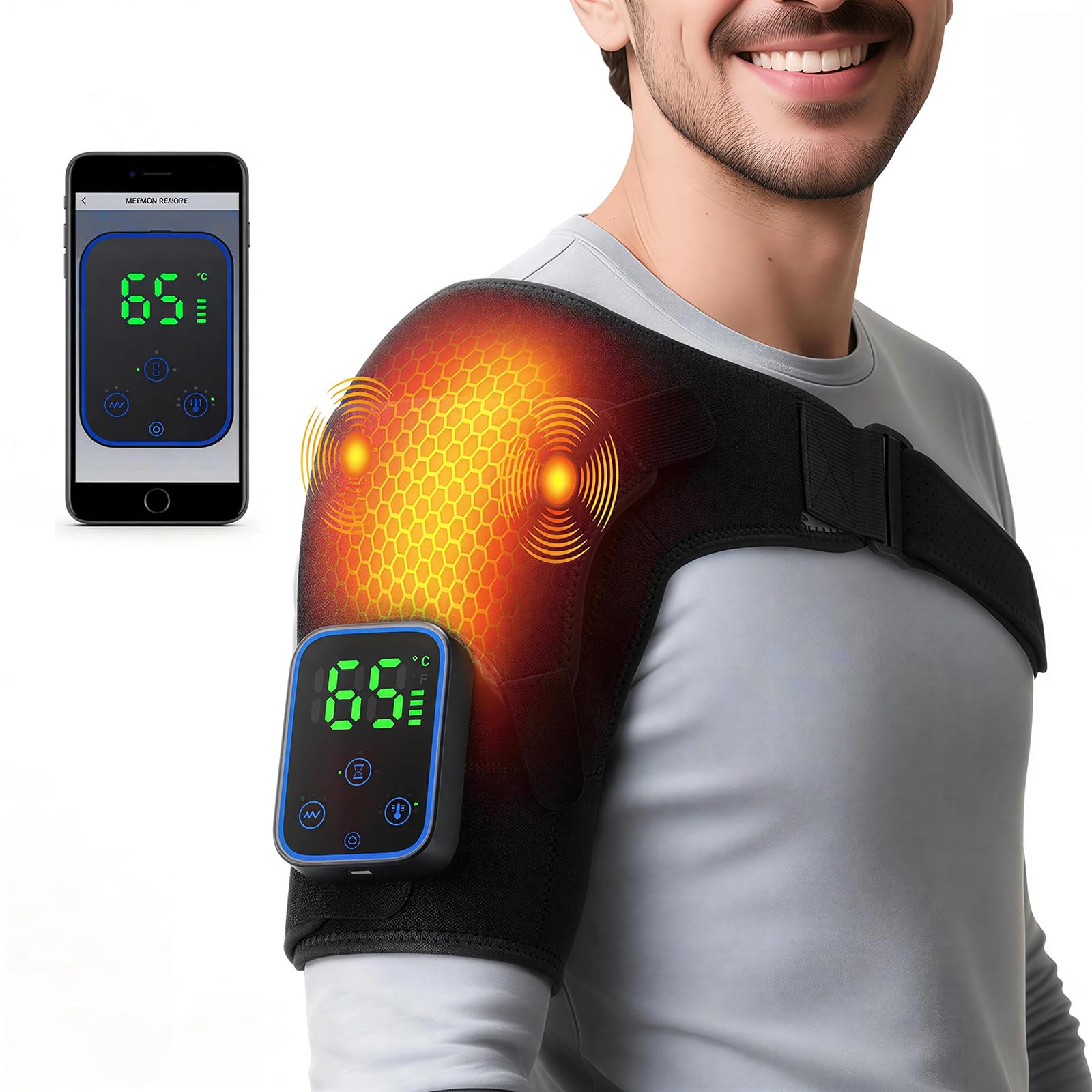 Masseur d'épaule triple méthode, 7 niveaux de température, 3 intensités de vibration, contrôle tactile, batterie 5000 mAh