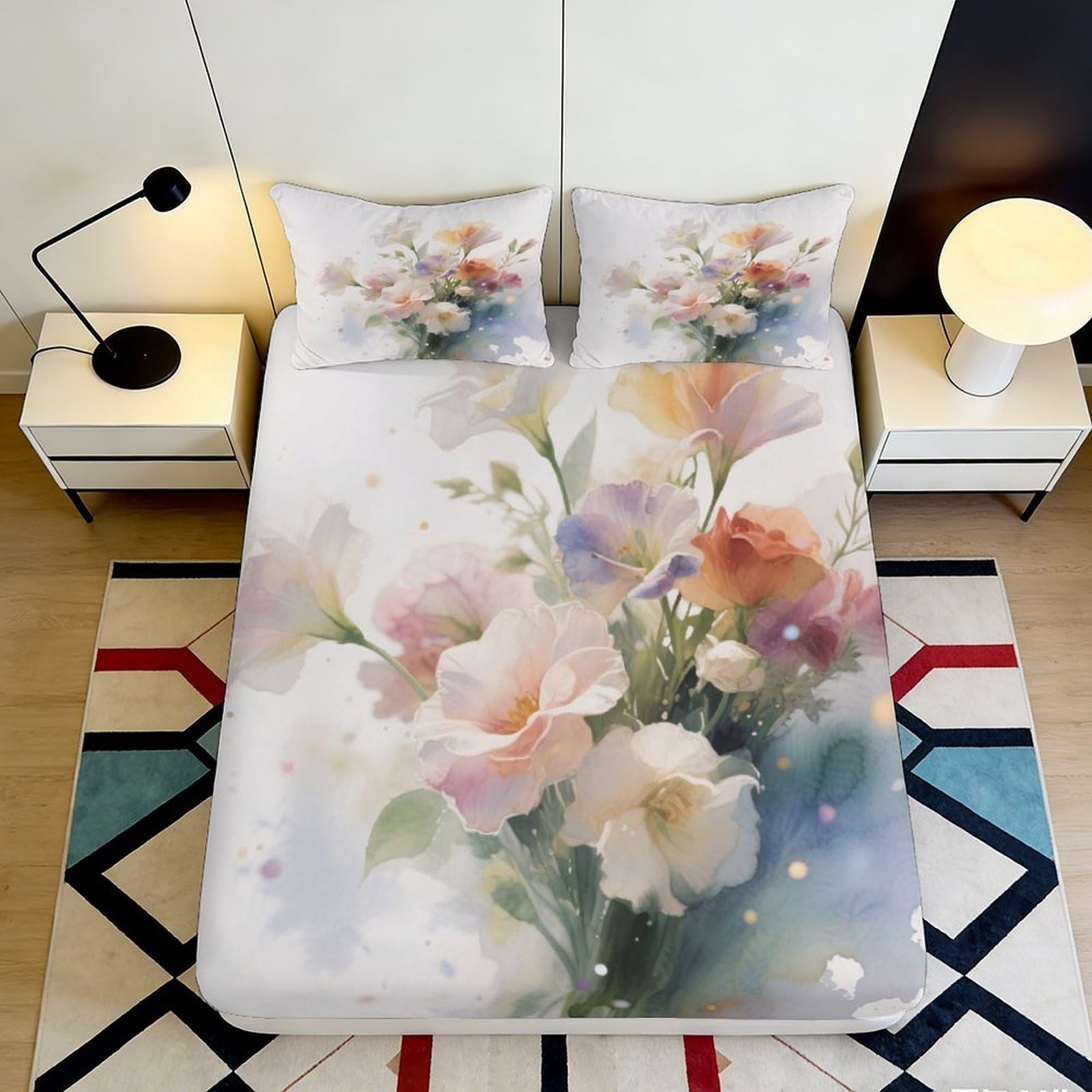 3D Printed Pastel Floral Fitted Sheet Microfiber Soft Breathable Watercolor Blossom Bed Cover for Bedroom Guest Room Decor 90x200x25cm