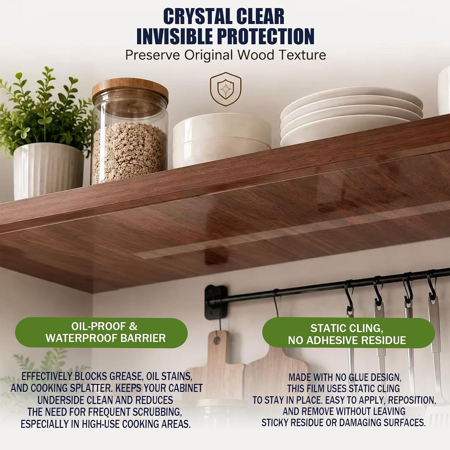 Clear Static Cling Oil Proof Film for Under Cabinet, 1 Roll Waterproof Grease Protector Liner with Cutting Knife, Heat Resistant Kitchen Wall Guard Above Stove (15.7" x 118")