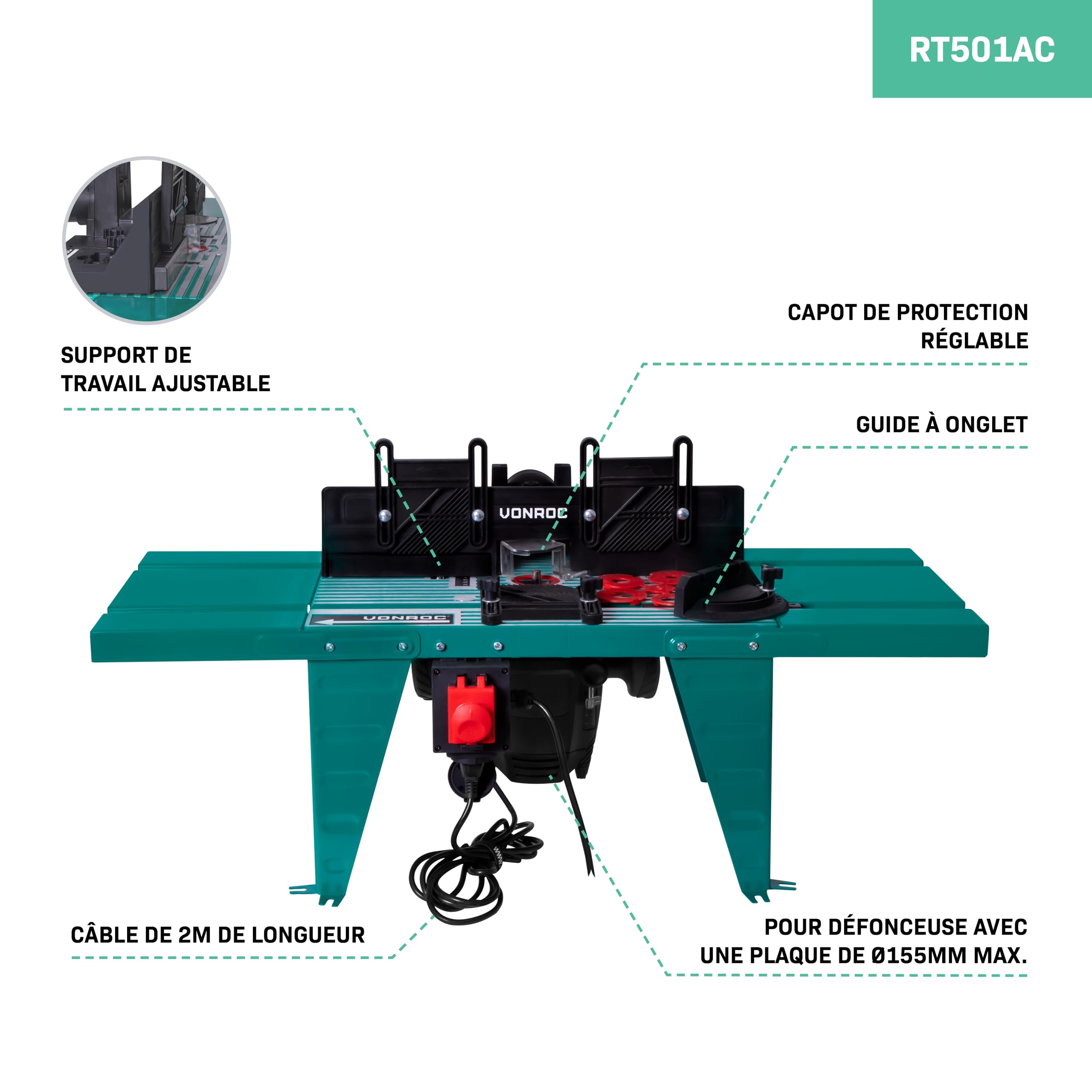 VONROC Table de Fraisage pour Défonceuse Jusqu’à 1800W Plateau Métal 870×335 mm