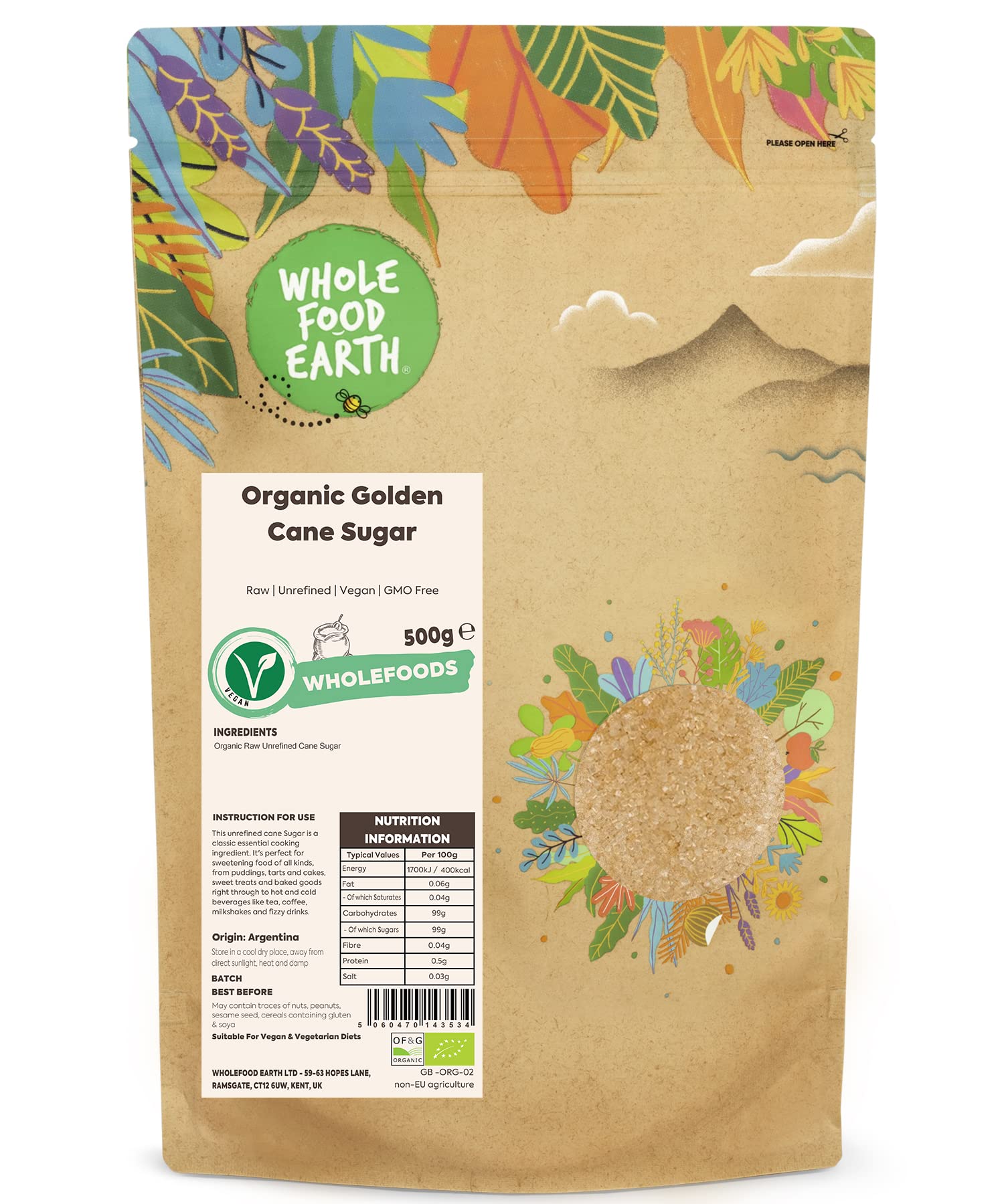 Wholefood Earth Organic Golden Cane Sugar 500g Raw | Unrefined | Vegan | GMO Free | Certified Organic